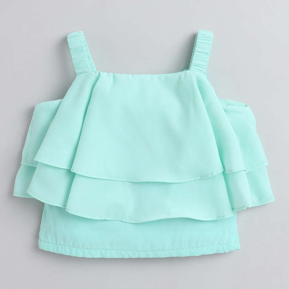 The Magic Wand Layered Strappy Ruffle Top With Chex Pleated Skirt Set Aqua