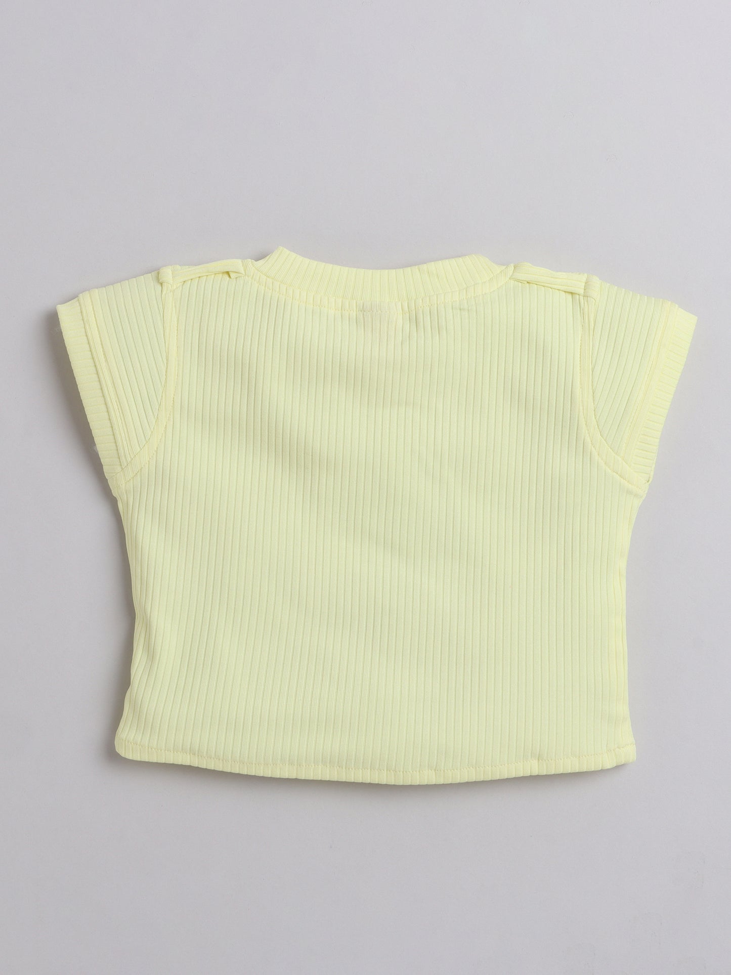 Short Sleeves Top With Floral Embroidered Denim Dungrees Set For Girls Yellow