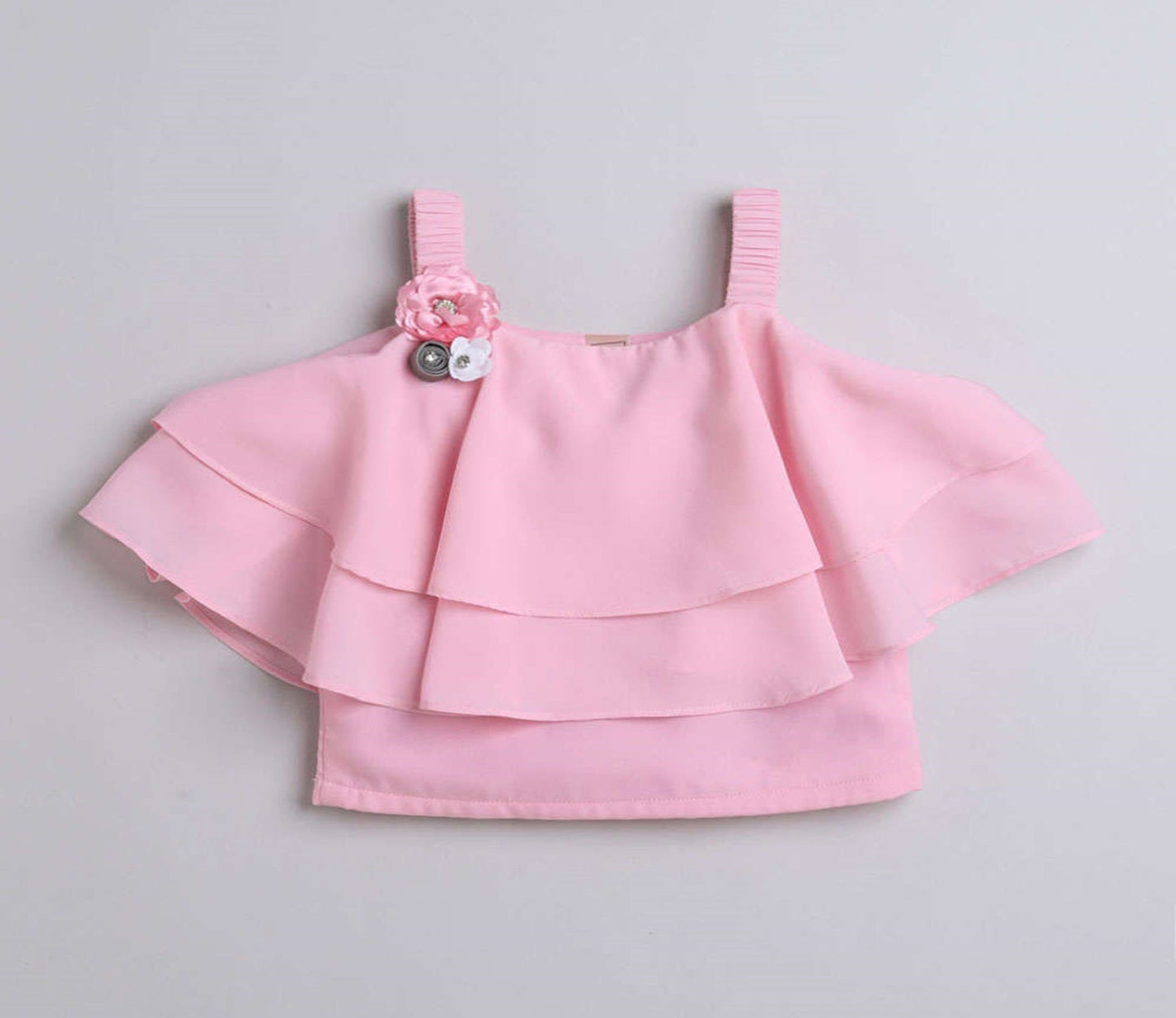 The Magic Wand Layered Strappy Ruffel Top With Chex Pleated Skirt Set Pink