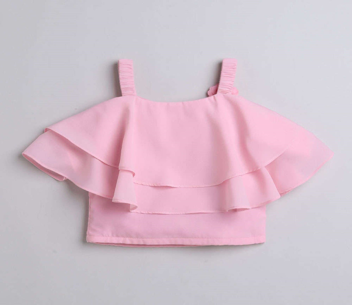 The Magic Wand Layered Strappy Ruffel Top With Chex Pleated Skirt Set Pink