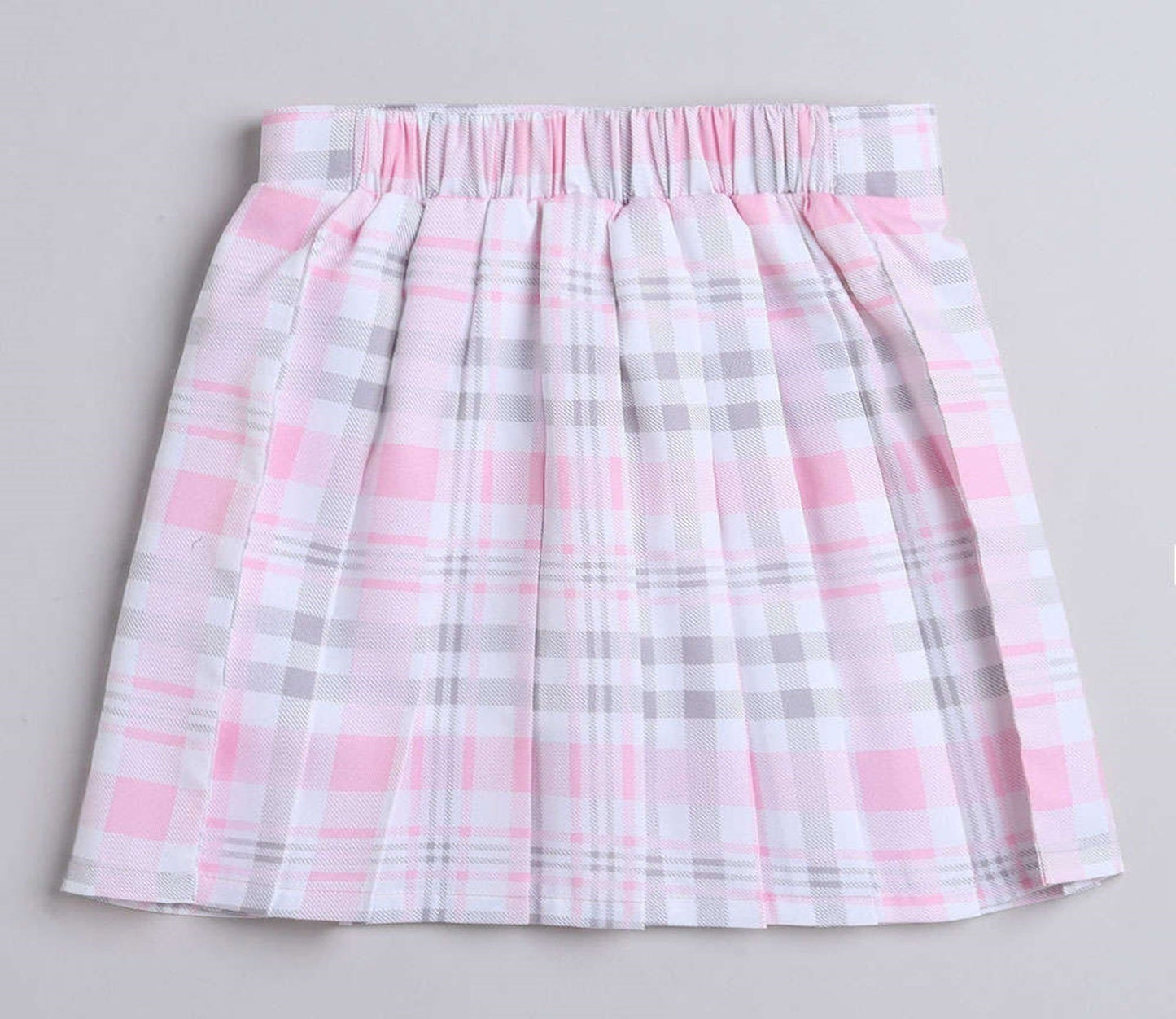 Layered Strappy Ruffle Top With Checks Pleated Skirt Set- Pink