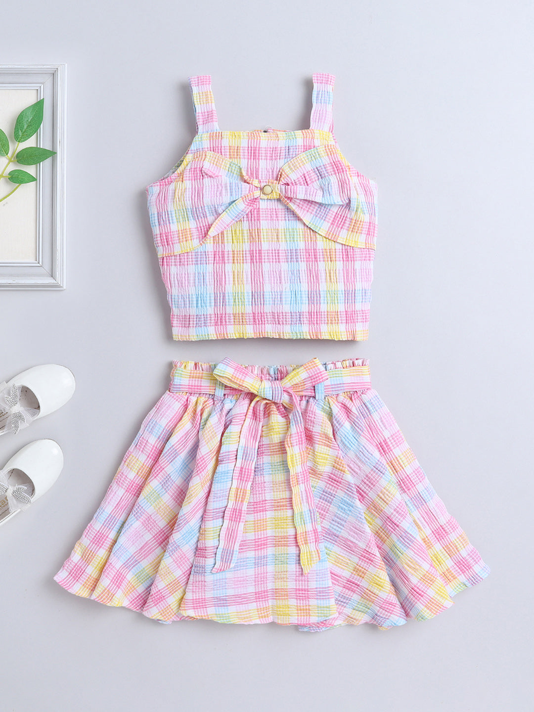 Strappy Checked with Knotted Bow Top and Skirt Set Applique Pink