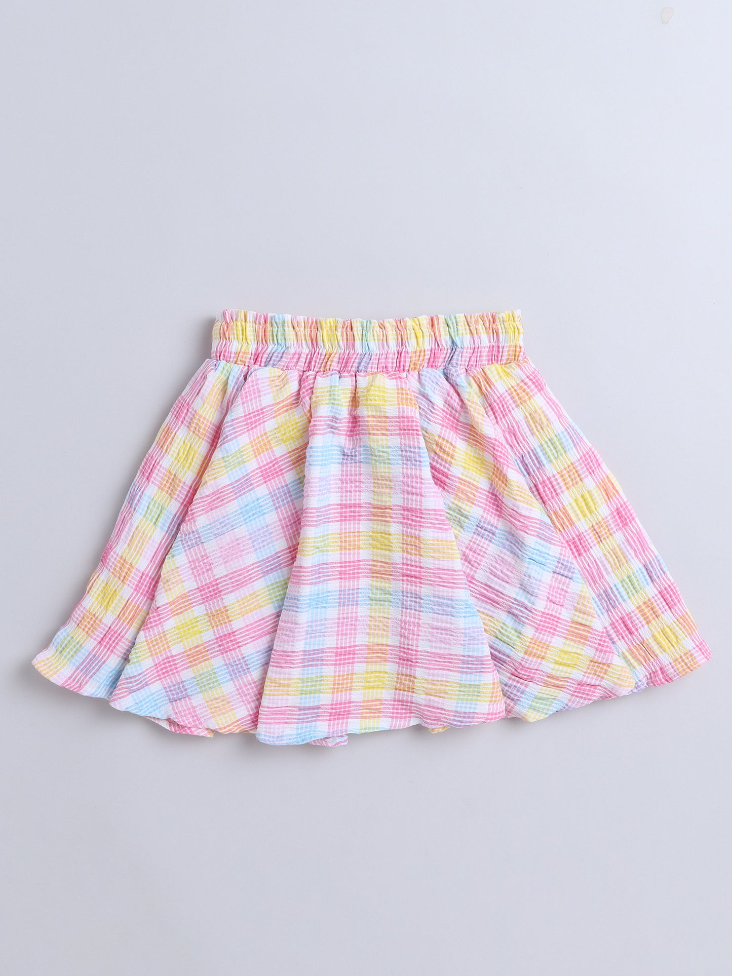 Strappy Checked with Knotted Bow Top and Skirt Set Applique Pink