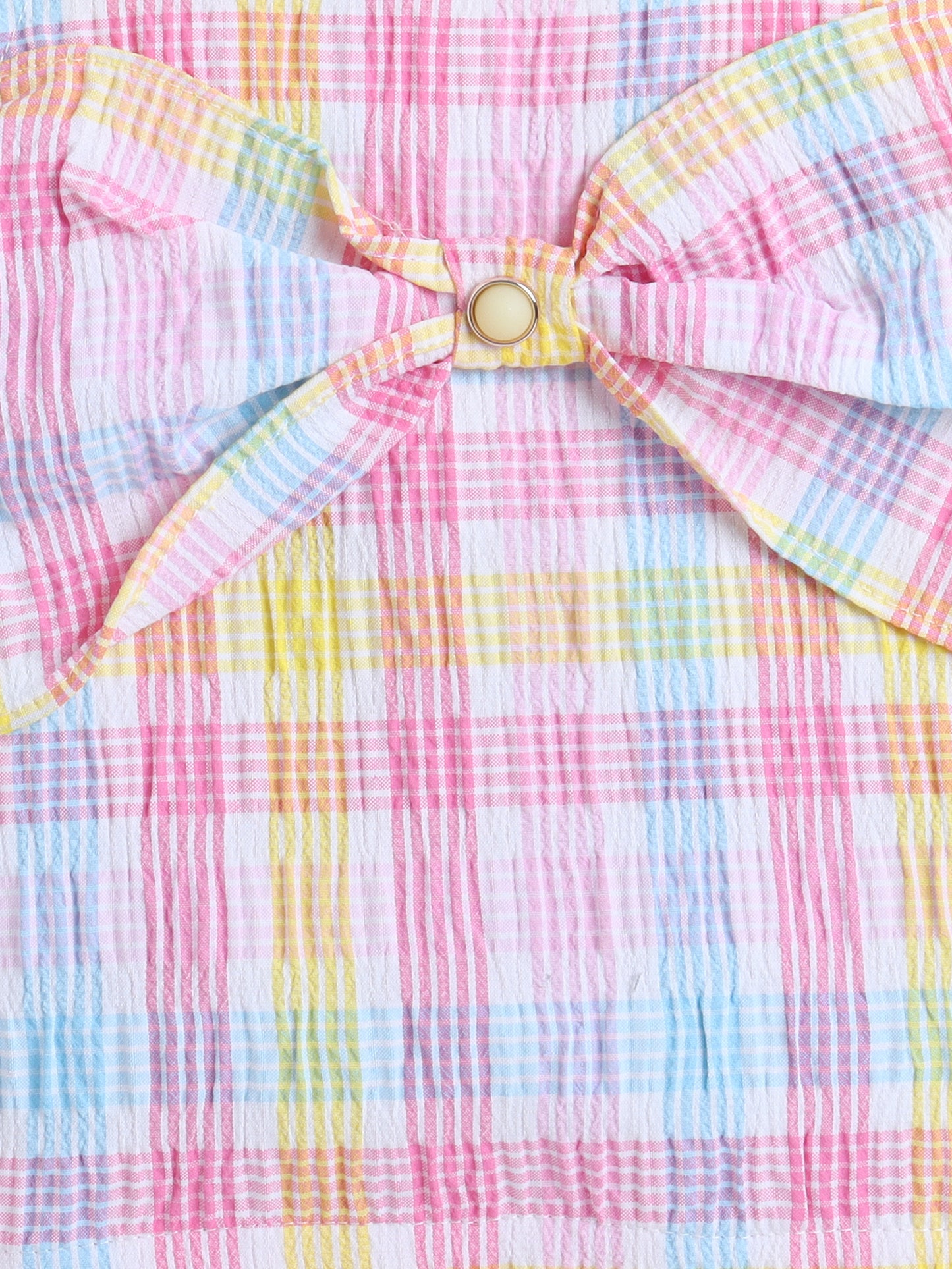 Strappy Checked with Knotted Bow Top and Skirt Set Applique Pink