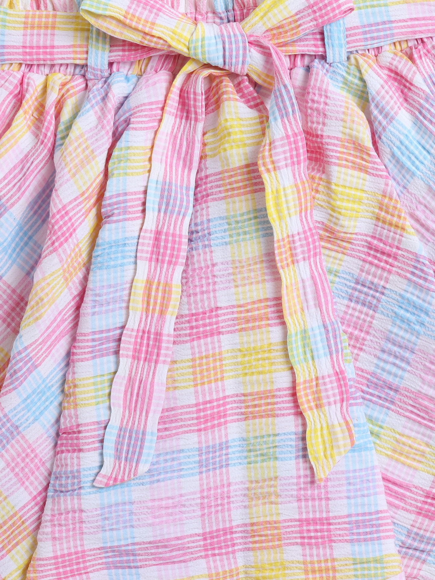 Strappy Checked with Knotted Bow Top and Skirt Set Applique Pink
