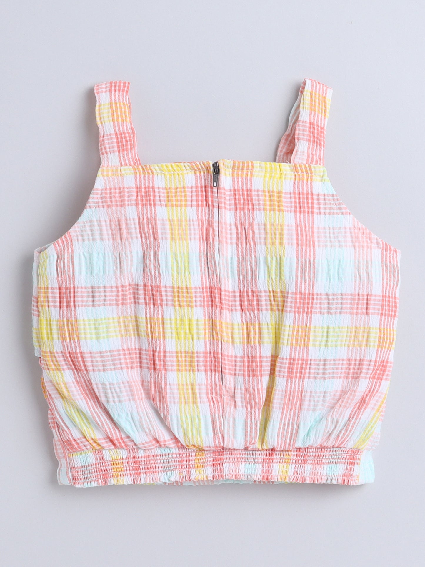 Strappy Checked Top and Skirt Set With Knotted Bow Applique for Girls Peach