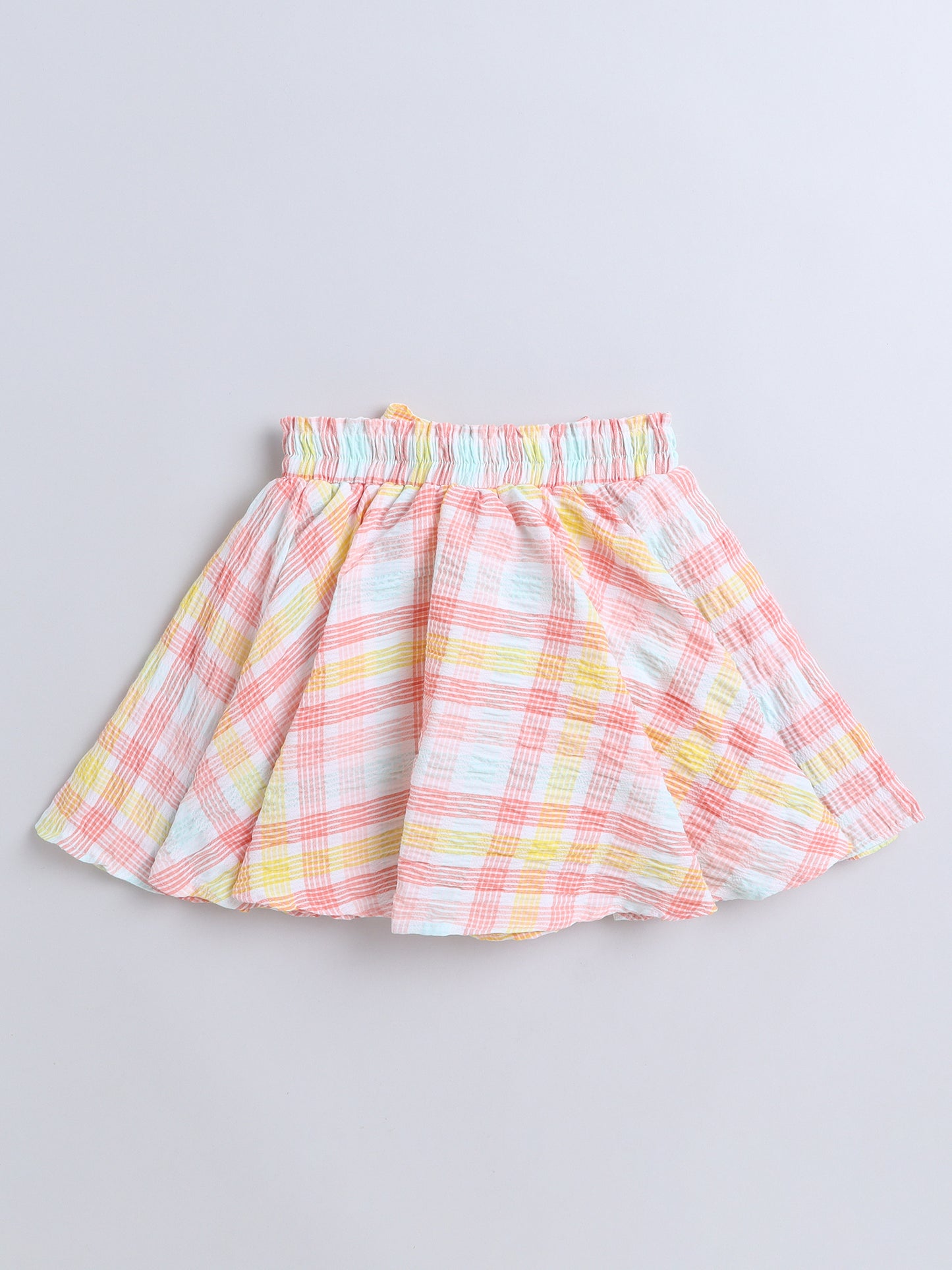 Strappy Checked Top and Skirt Set With Knotted Bow Applique for Girls Peach