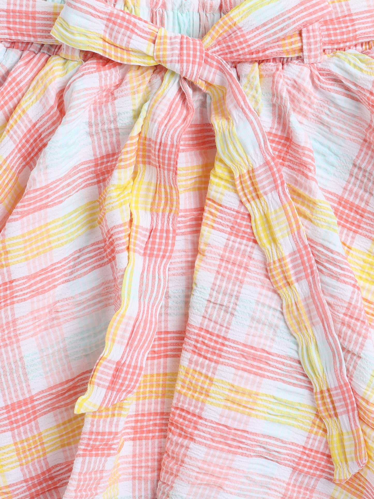 Strappy Checked Top And Knotted Bow Applique Skirt Set For Girls- Peach