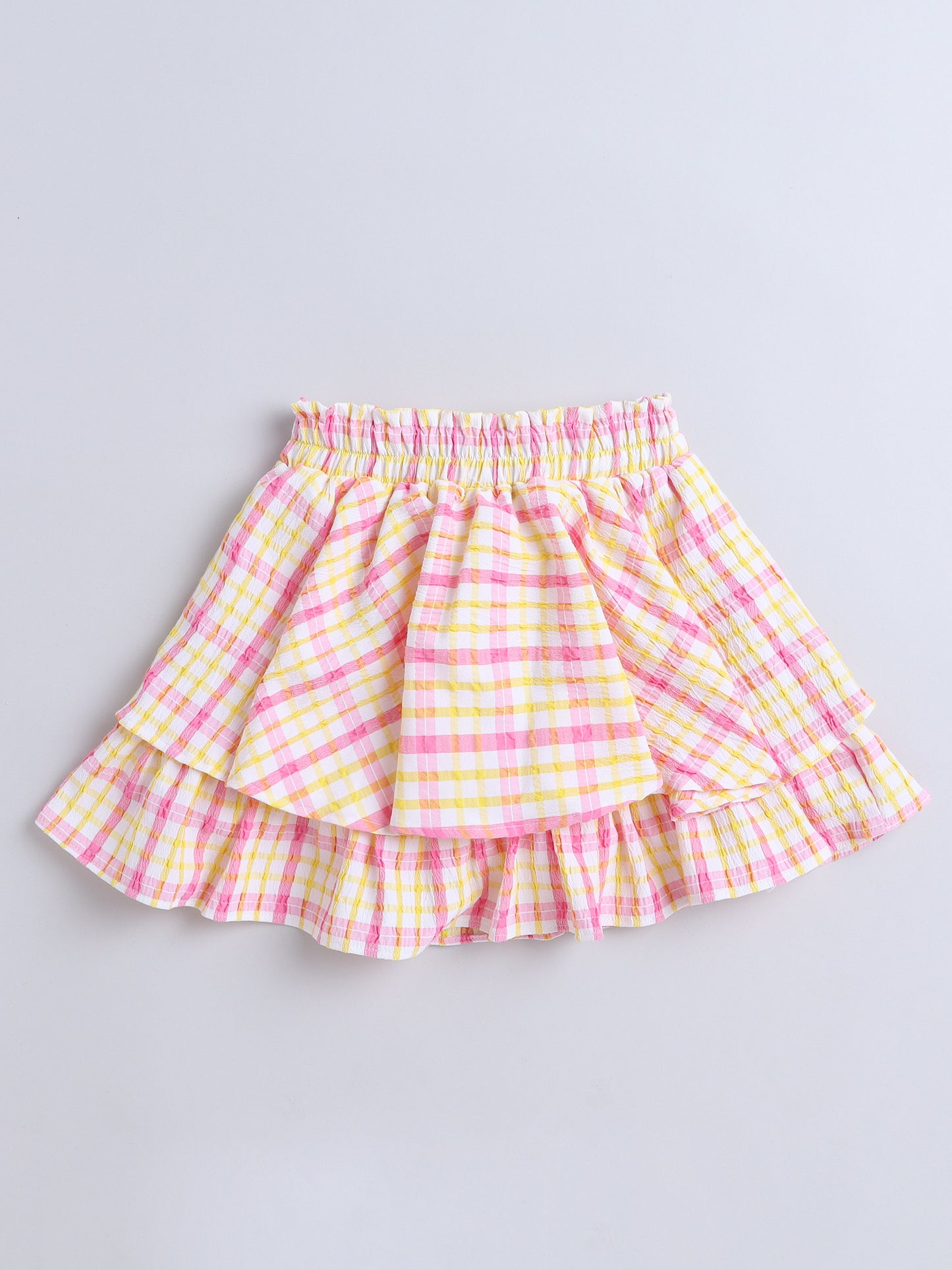 Strappy Checked Top and Skirt Set With Knotted Bow Applique Pink