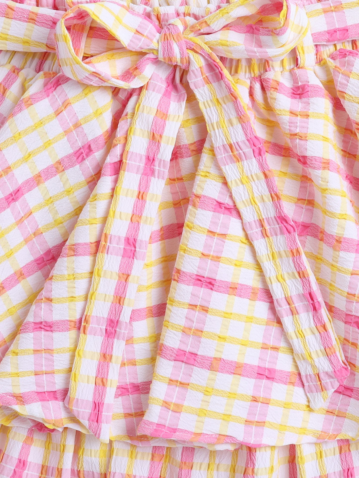 Strappy Checked Top And Knotted Bow Applique Skirt Set For Girls- Pink