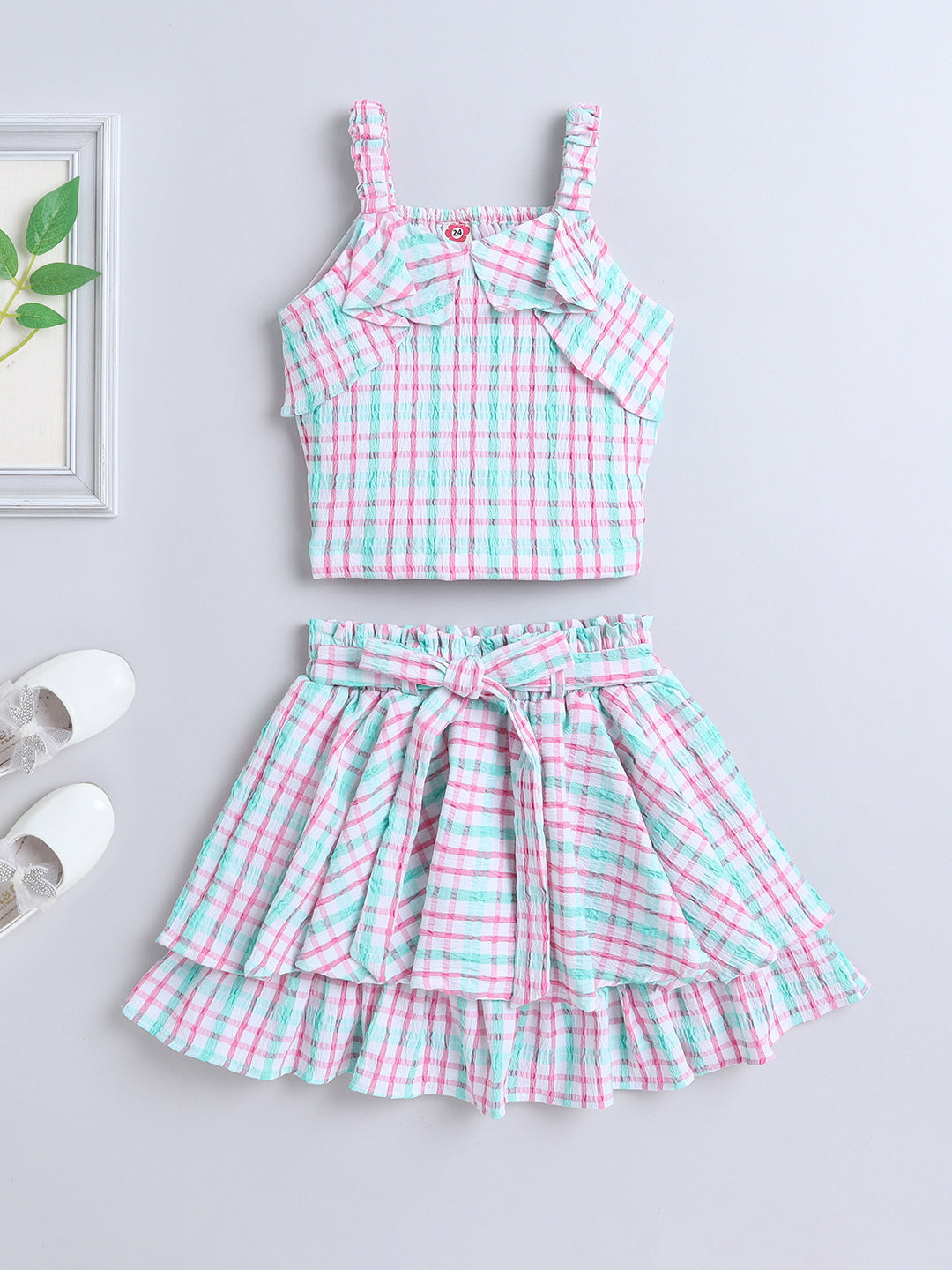 Strappy Checked Top and Skirt Set With Knotted Bow Applique Green