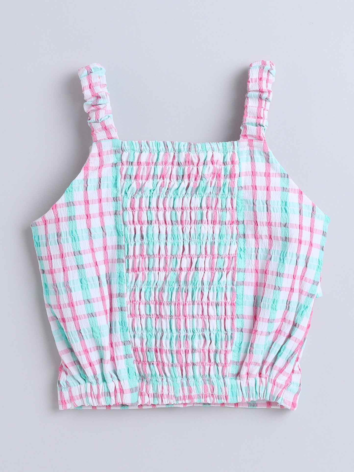 Strappy Checked Top and Skirt Set With Knotted Bow Applique Green