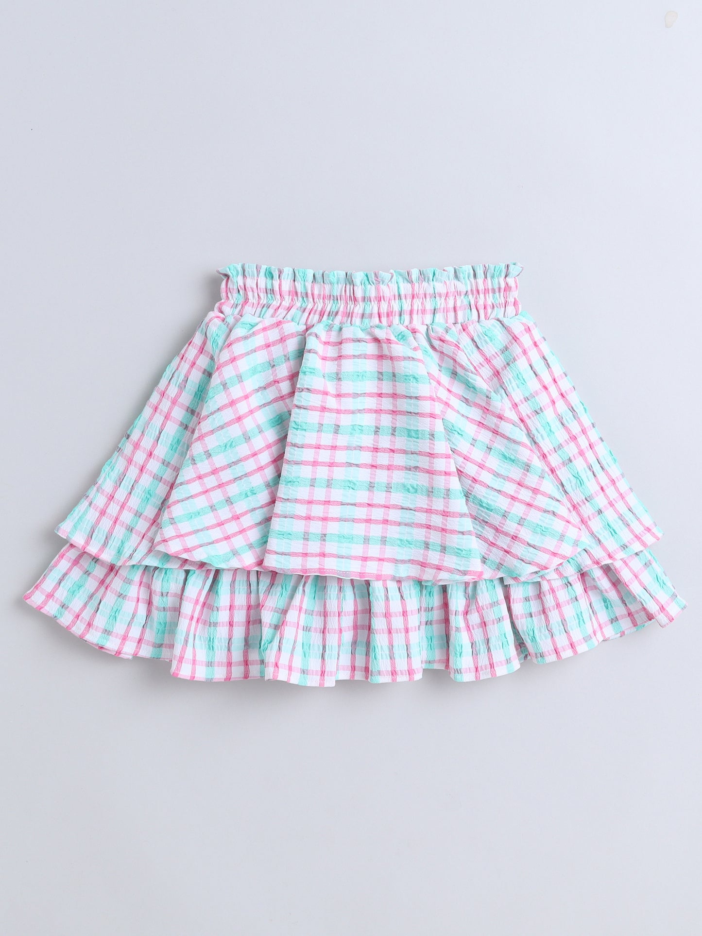 Strappy Checked Top and Skirt Set With Knotted Bow Applique Green