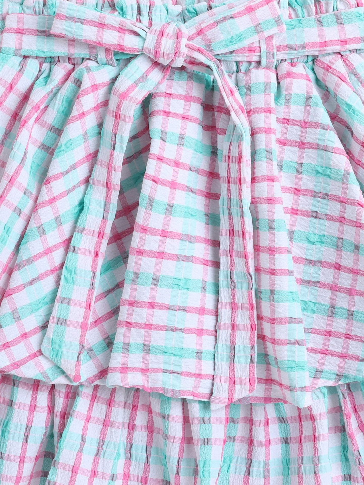Strappy Checked Top and Skirt Set With Knotted Bow Applique- Green