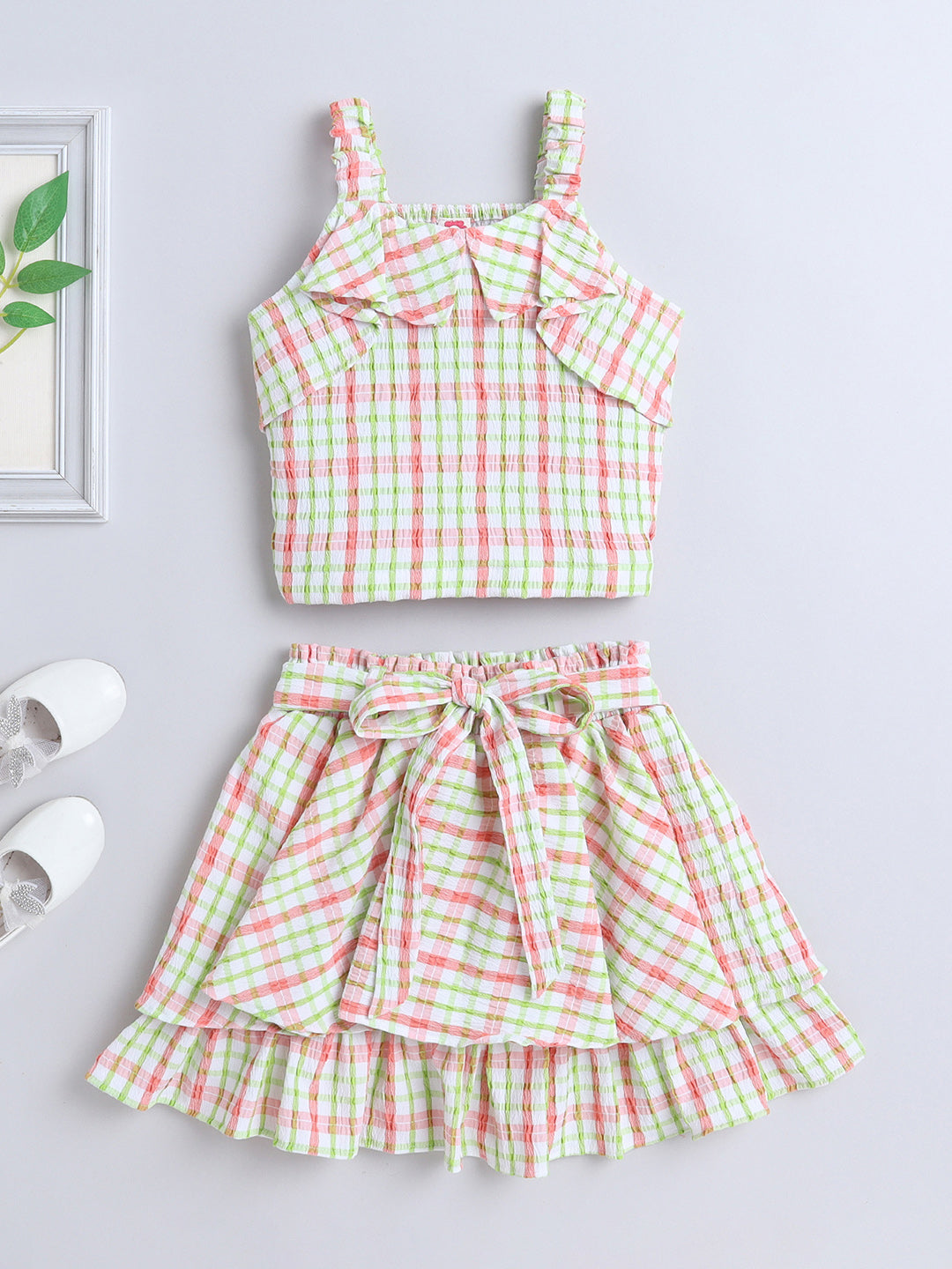 Strappy Checked Top and Skirt Set With Knotted Bow Applique Peach