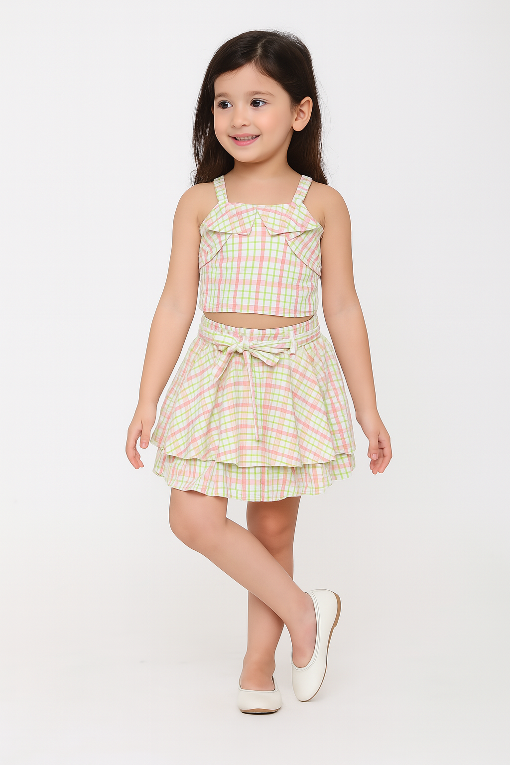 Strappy Checked Top and Skirt Set With Knotted Bow Applique Peach
