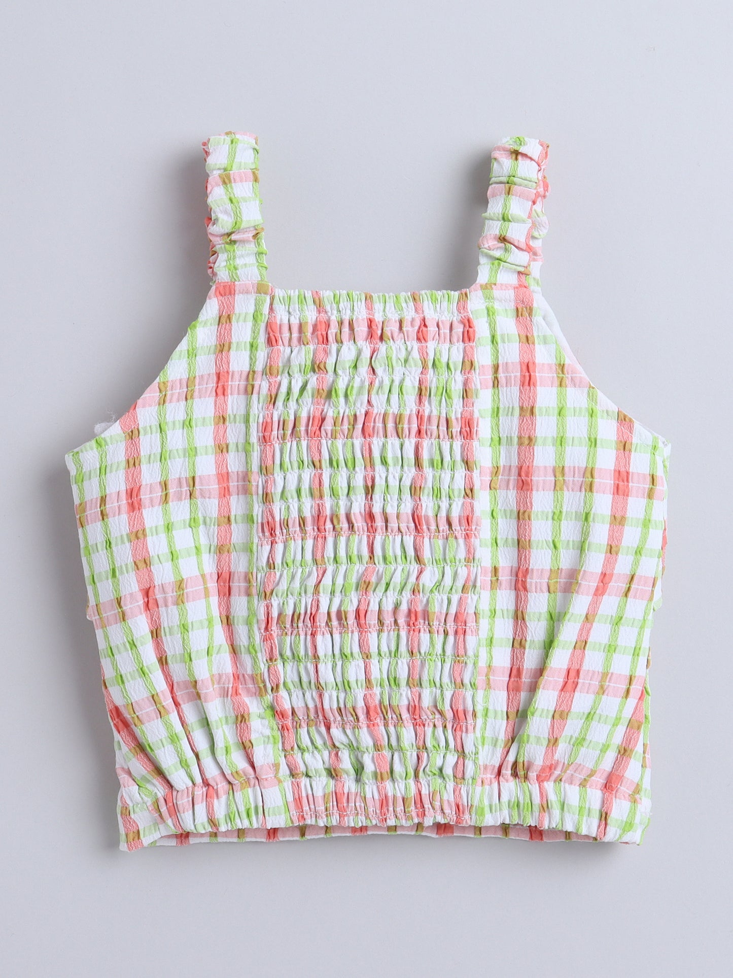 Strappy Checked Top and Skirt Set With Knotted Bow Applique Peach