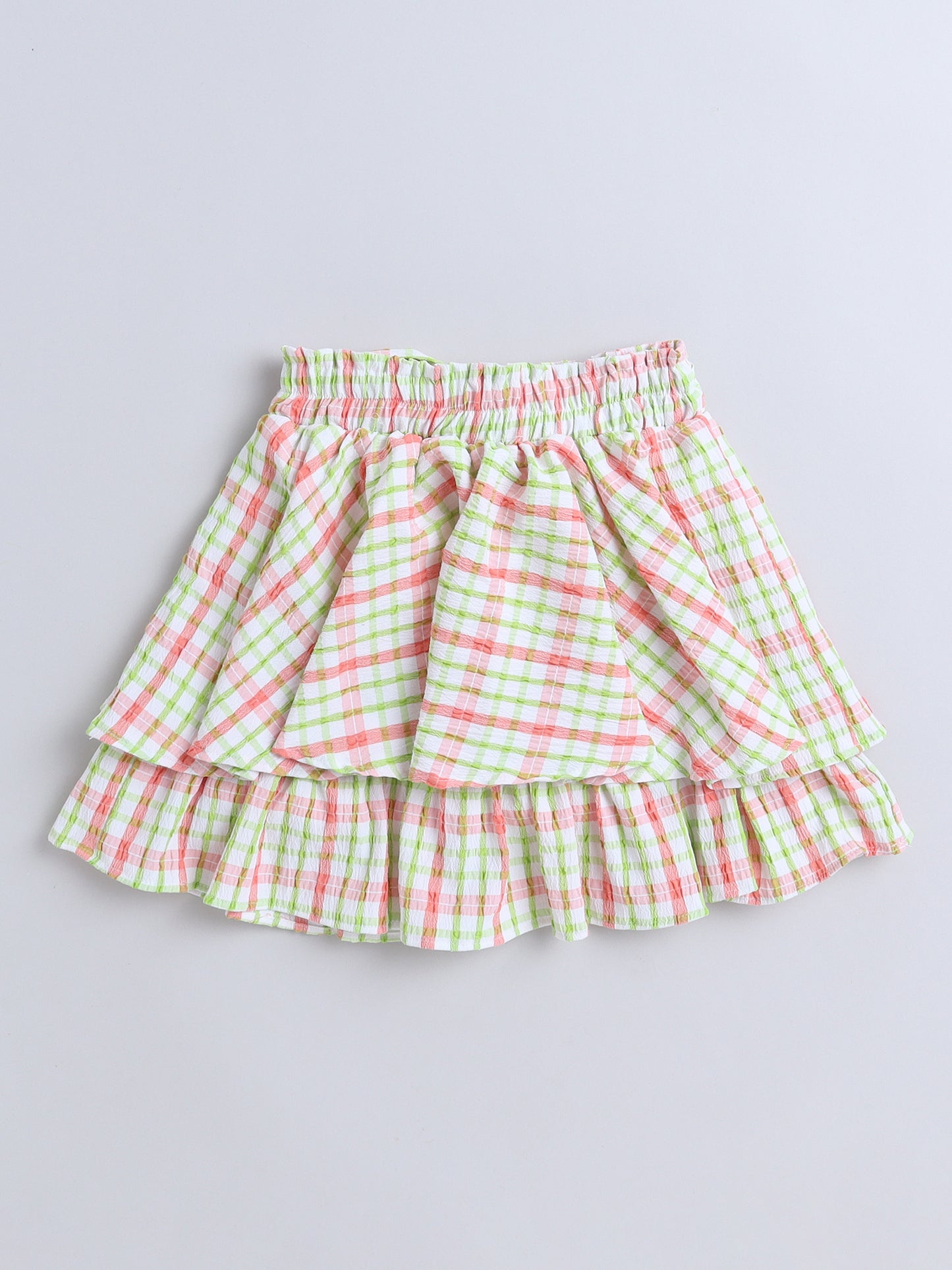 Strappy Checked Top and Skirt Set With Knotted Bow Applique Peach