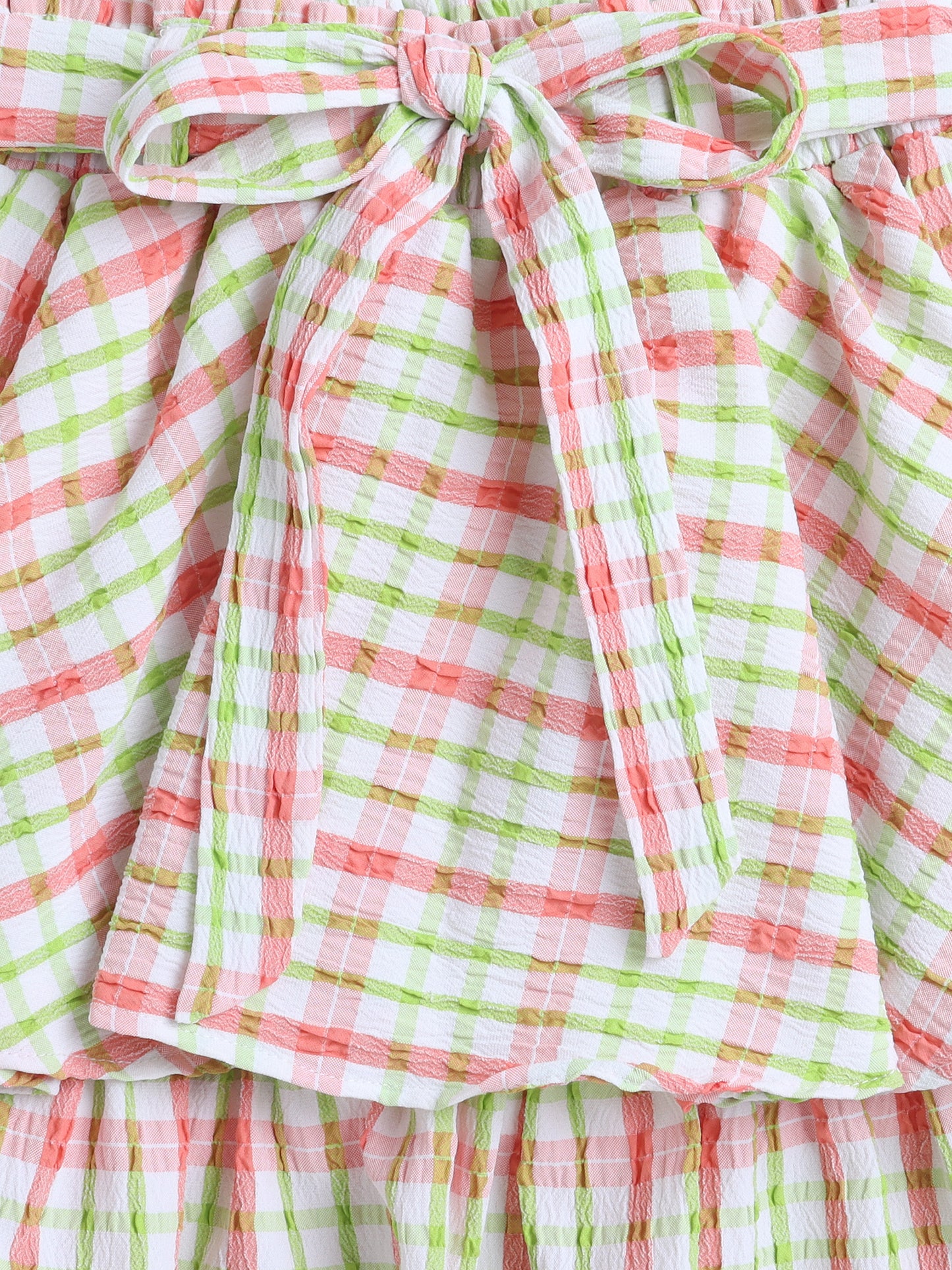 Strappy Checked Top and Skirt Set With Knotted Bow Applique- Peach