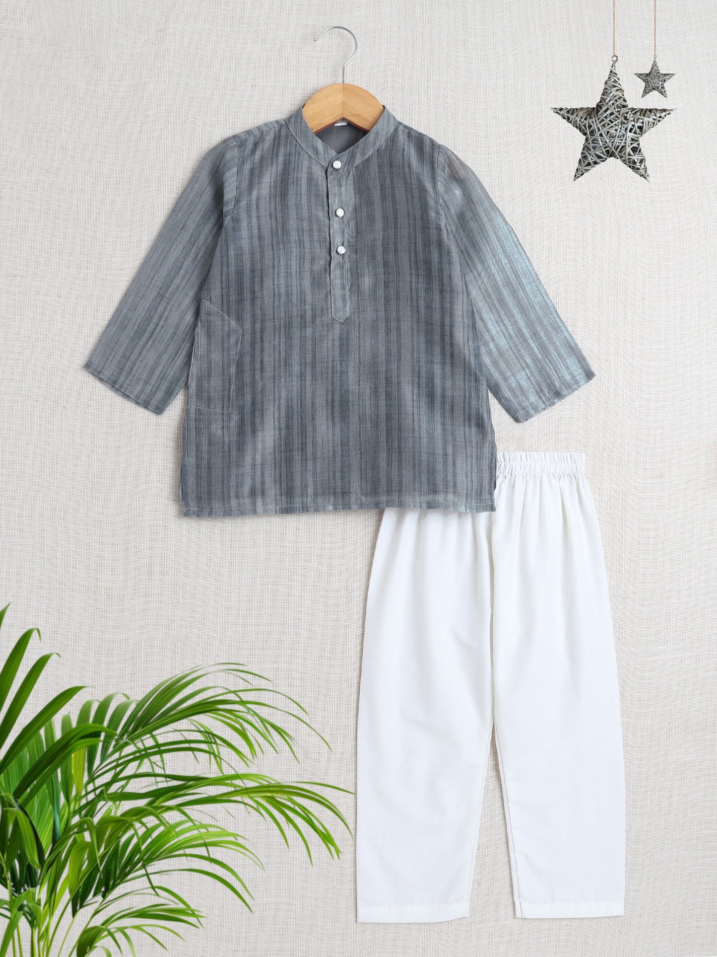 Full Sleeves Chanderi Kurta Set-Grey