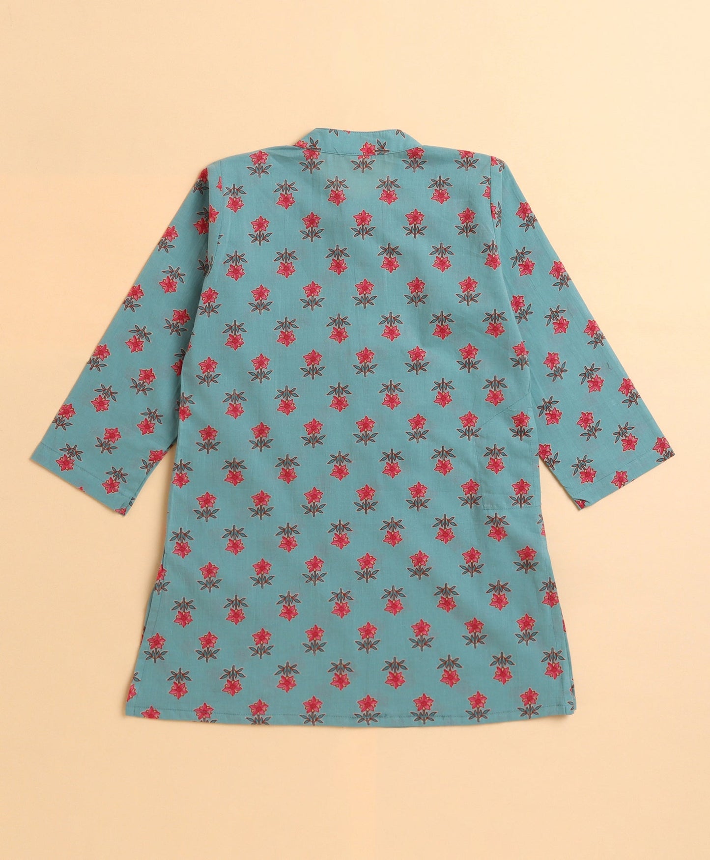 The Magic Wand Cambric Cotton woven Full Sleeves Floral Printed Kurta Pyjama With Modi Jacket - Sea Green