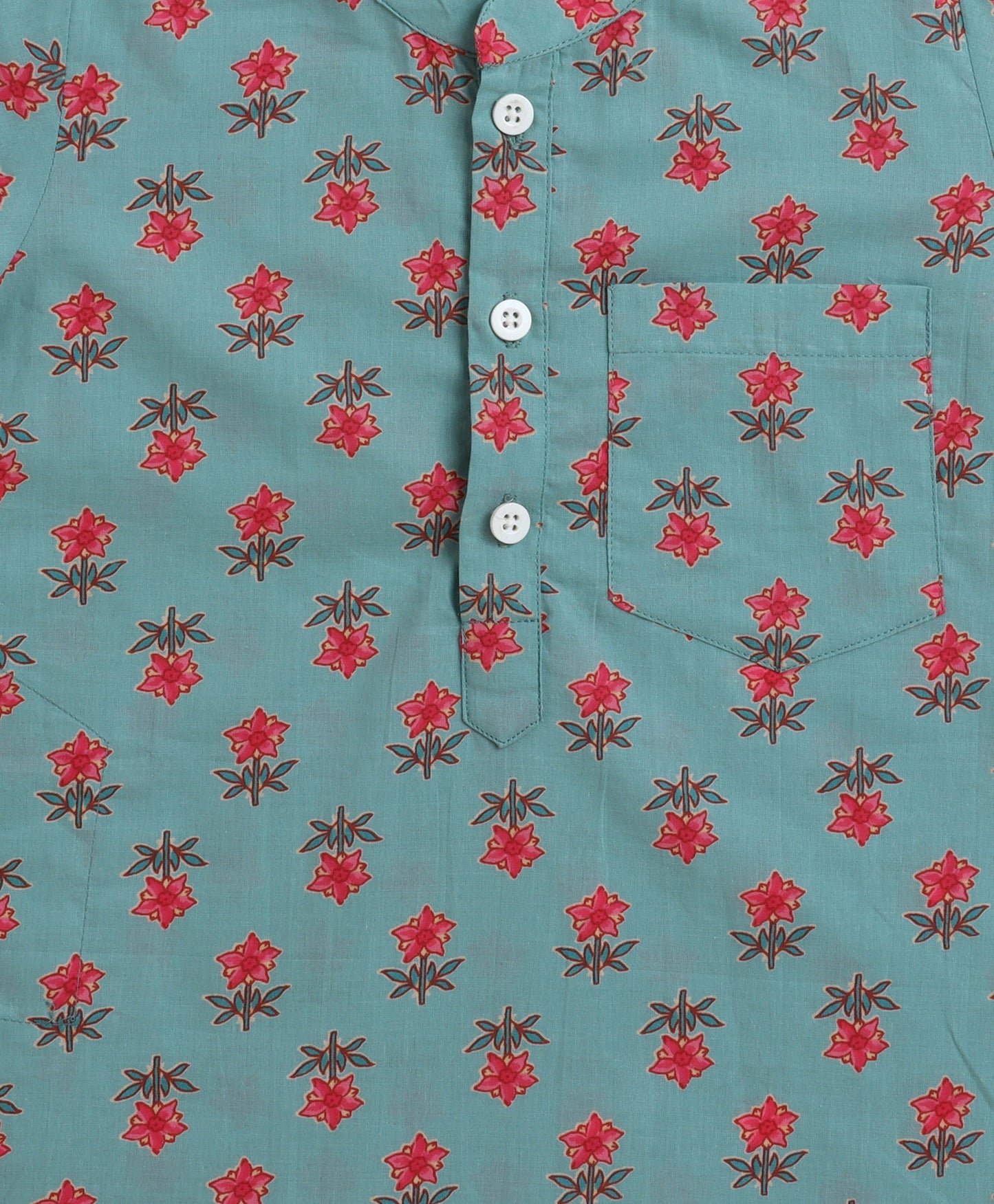 The Magic Wand Cambric Cotton woven Full Sleeves Floral Printed Kurta Pyjama With Modi Jacket - Sea Green