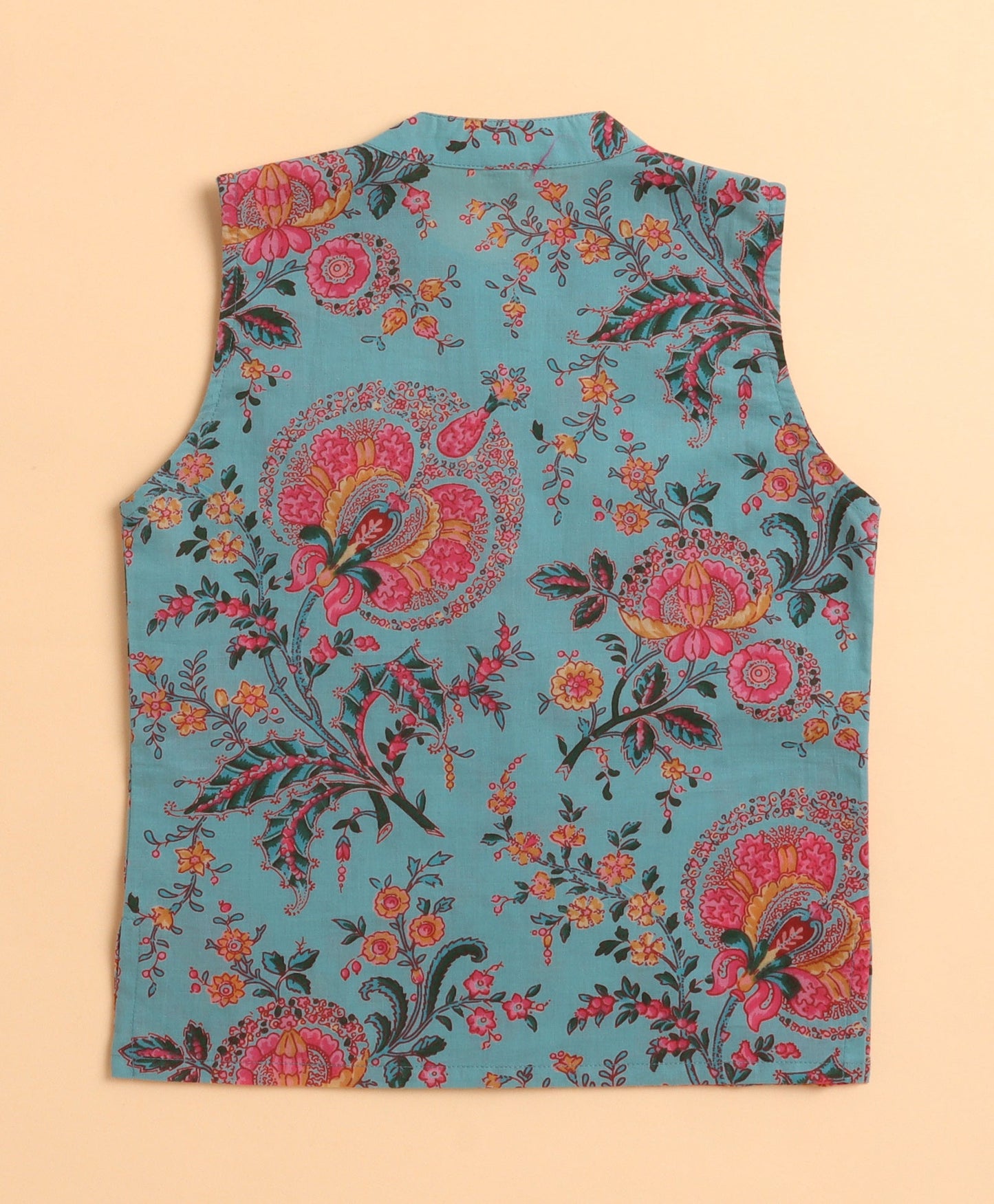 The Magic Wand Cambric Cotton woven Full Sleeves Floral Printed Kurta Pyjama With Modi Jacket - Sea Green