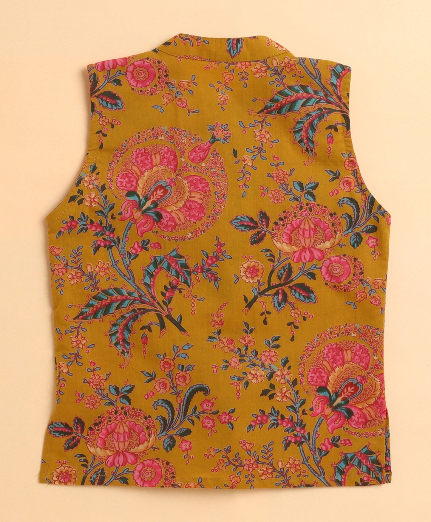 The Magic Wand Cambric Cotton woven Full Sleeves Floral Printed Kurta Pyjama With Modi Jacket - Mustard