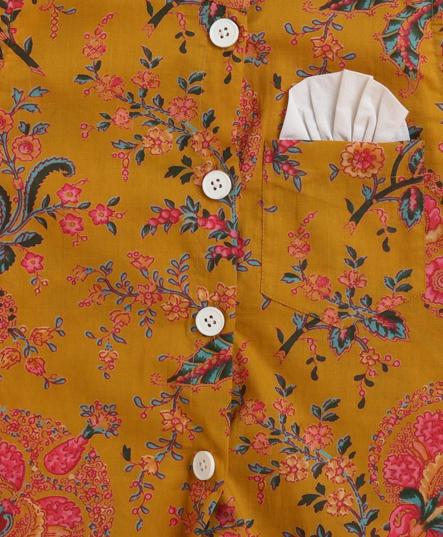The Magic Wand Cambric Cotton woven Full Sleeves Floral Printed Kurta Pyjama With Modi Jacket - Mustard