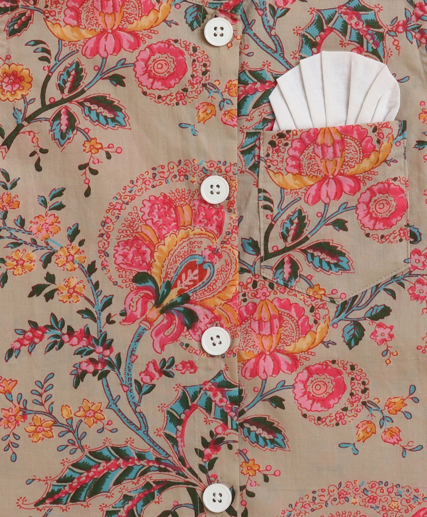 The Magic Wand Cambric Cotton Full Sleeves Floral Printed Kurta Pyjama Modi Jacket - Beige