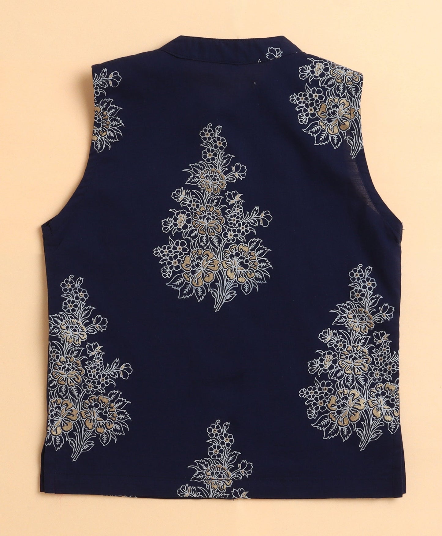 The Magic Wand Cambric Cotton woven Full Sleeves Printed Kurta Pyjama With Modi Jacket -Navy Blue