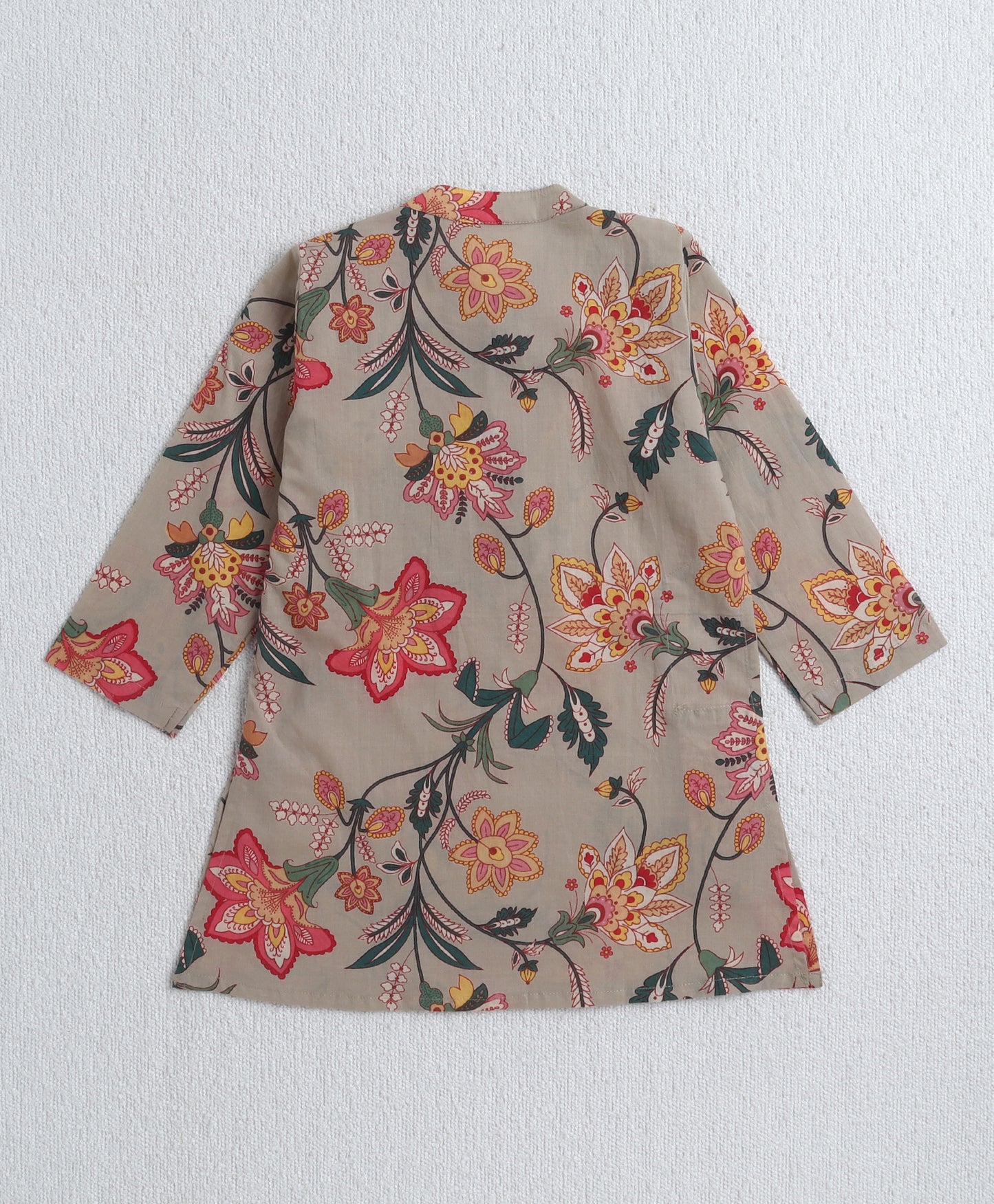 The Magic Wand Cambric Cotton Full Sleeves Floral Lace Printed Kurta Pyjama With Modi Jacket- Beige