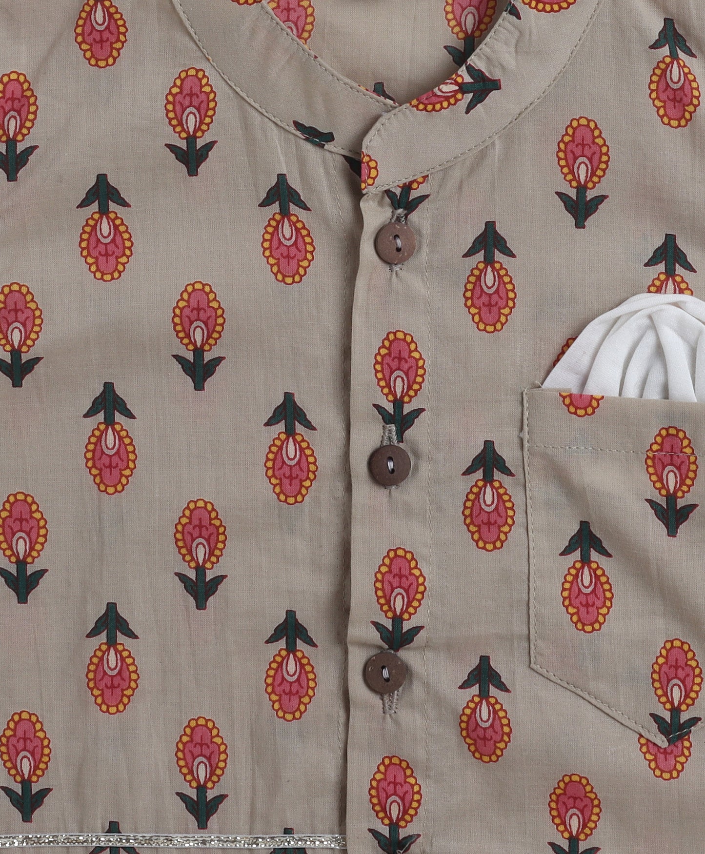 The Magic Wand Cambric Cotton Full Sleeves Floral Lace Printed Kurta Pyjama With Modi Jacket- Beige