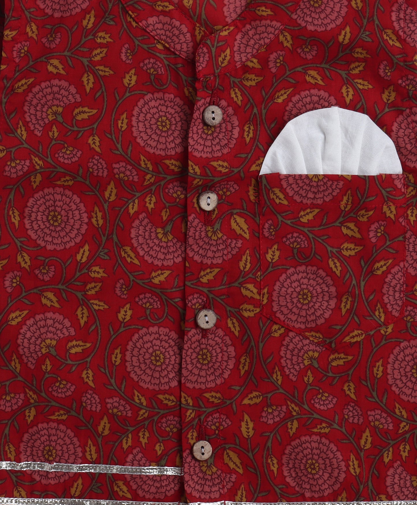 The Magic Wand Cambric Cotton Full Sleeves Floral Printed Kurta Pyjama With Lace Modi Jacket- Maroon