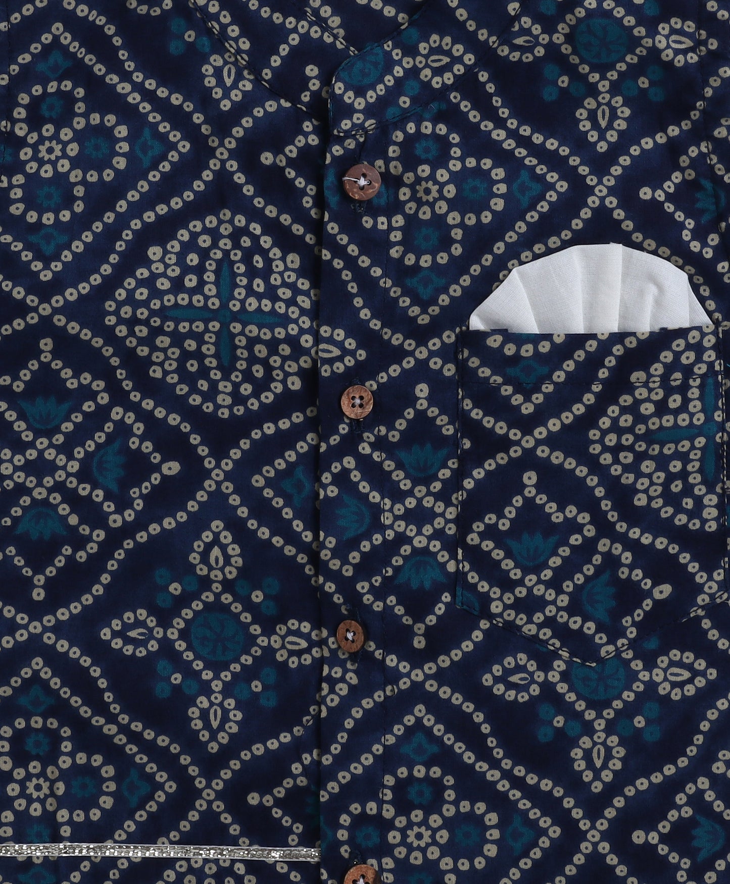 The Magic Wand Cambric Cotton Full Sleeves Floral Printed Kurta Pyjama With Lace Modi Jacket- Navy Blue