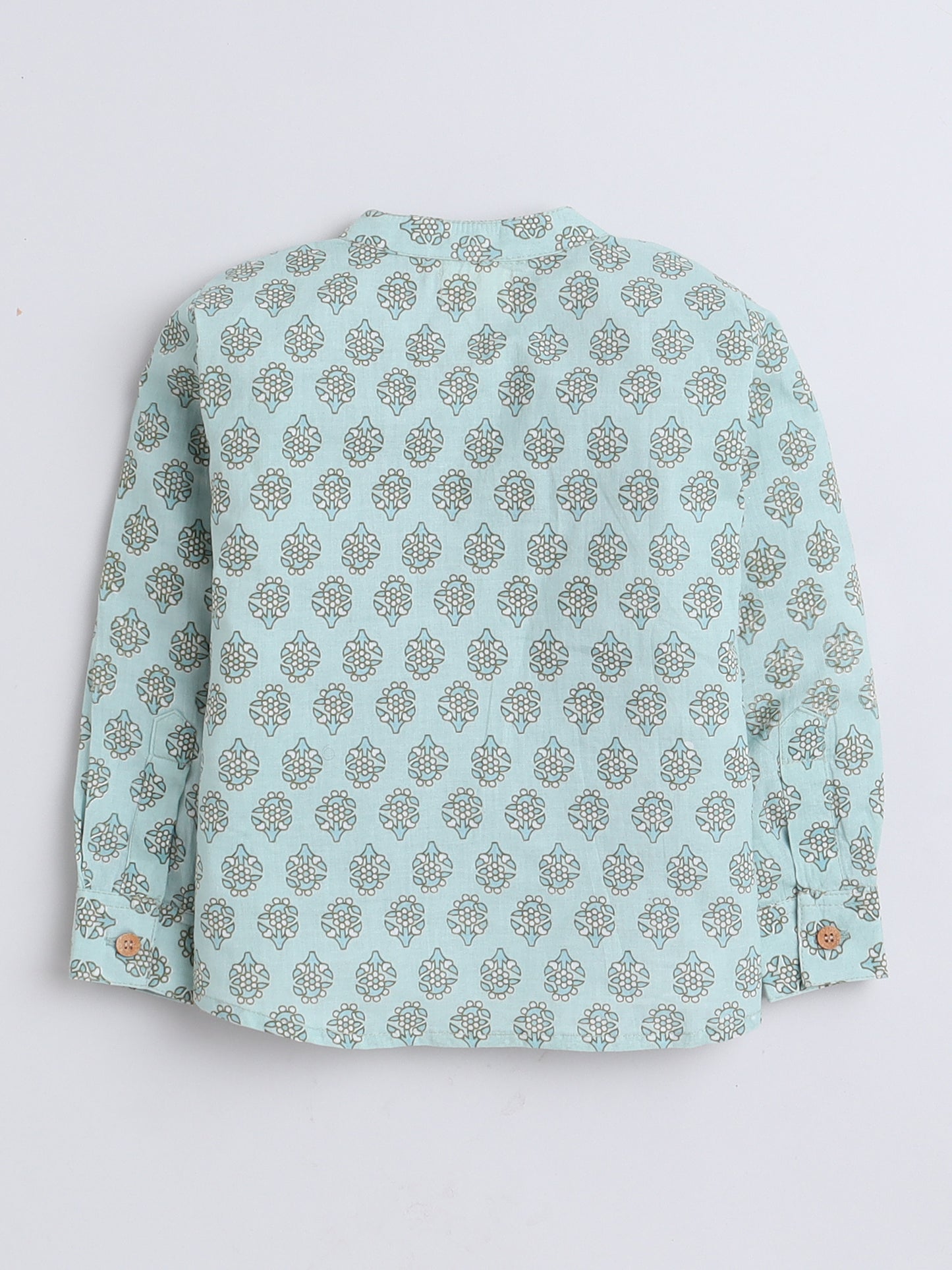 Full Sleeves Floral Printed Chinese Collar Casual Shirt For Boys-Cyan
