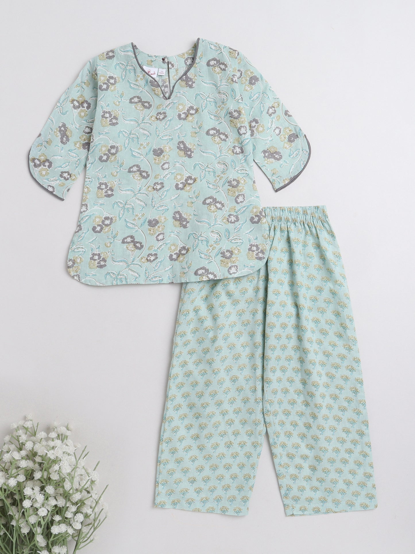 3/4th Sleeves Floral Printed Top With Printed Bottom Loungewear Set For Girls Mint