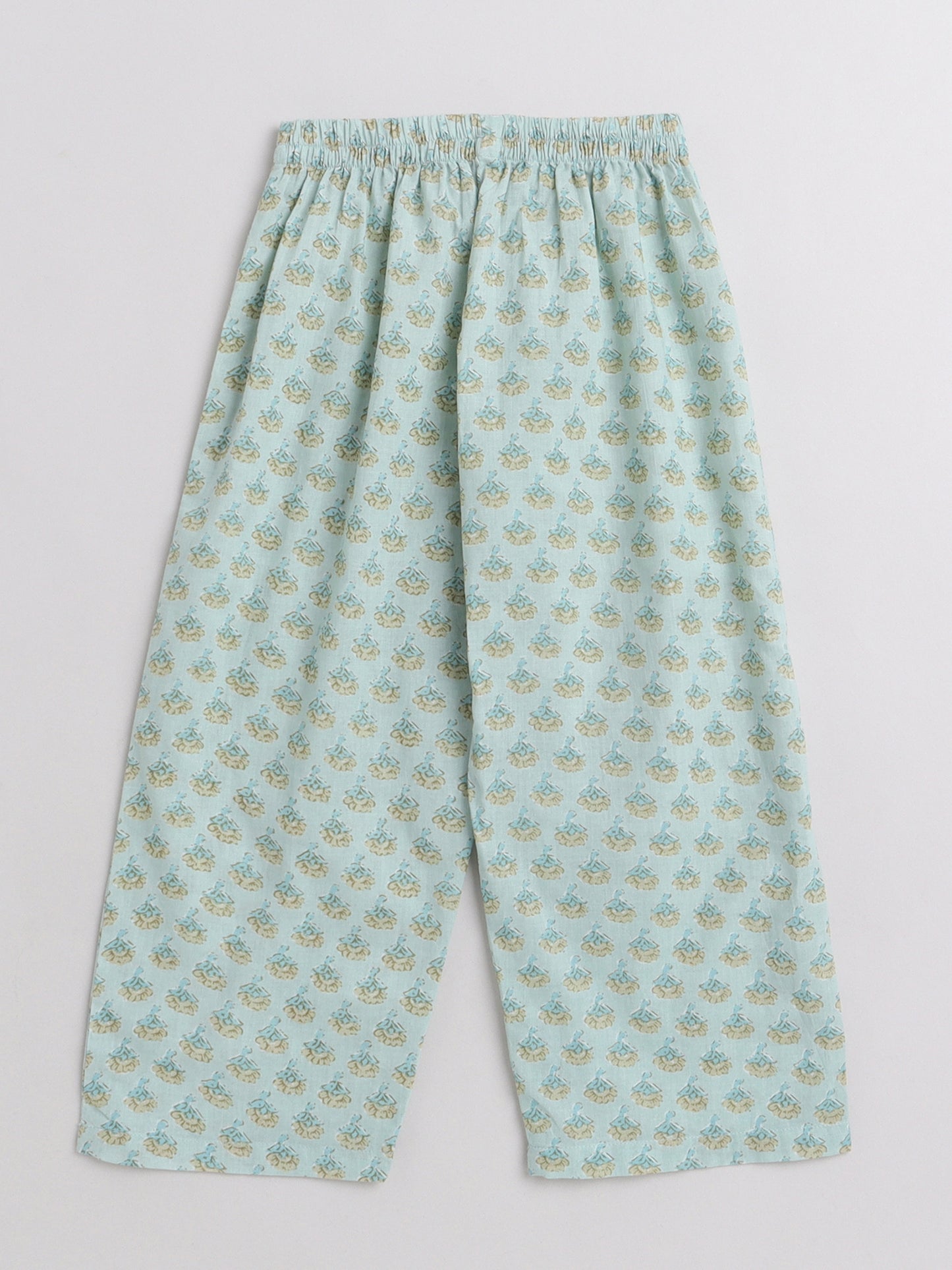 3/4th Sleeves Floral Printed Top With Printed Bottom Loungewear Set For Girls Mint