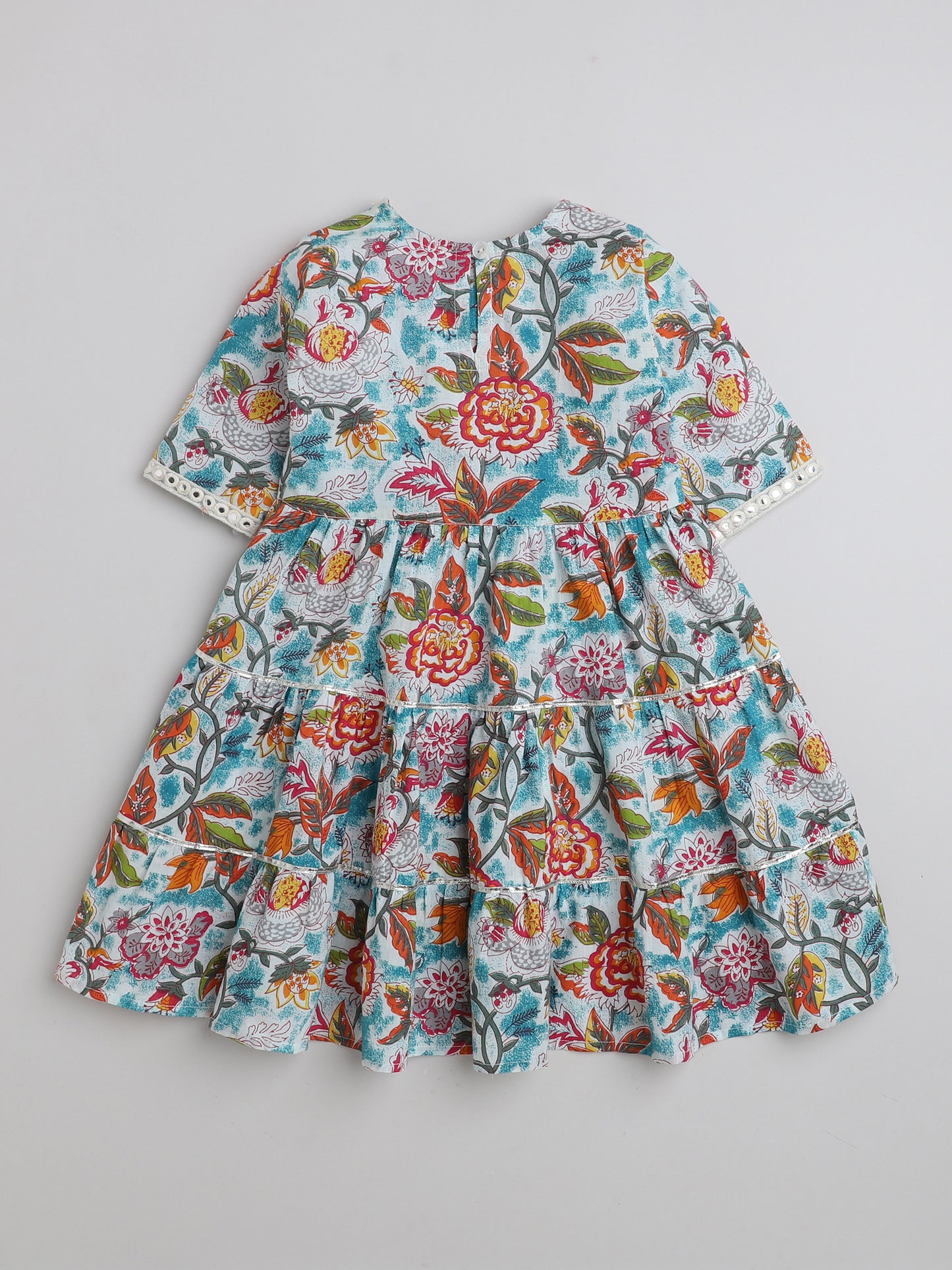 Printed Short Sleeves Aabla Lace & Tassle Detailing Tiered Gota Dress For Girls-Blue