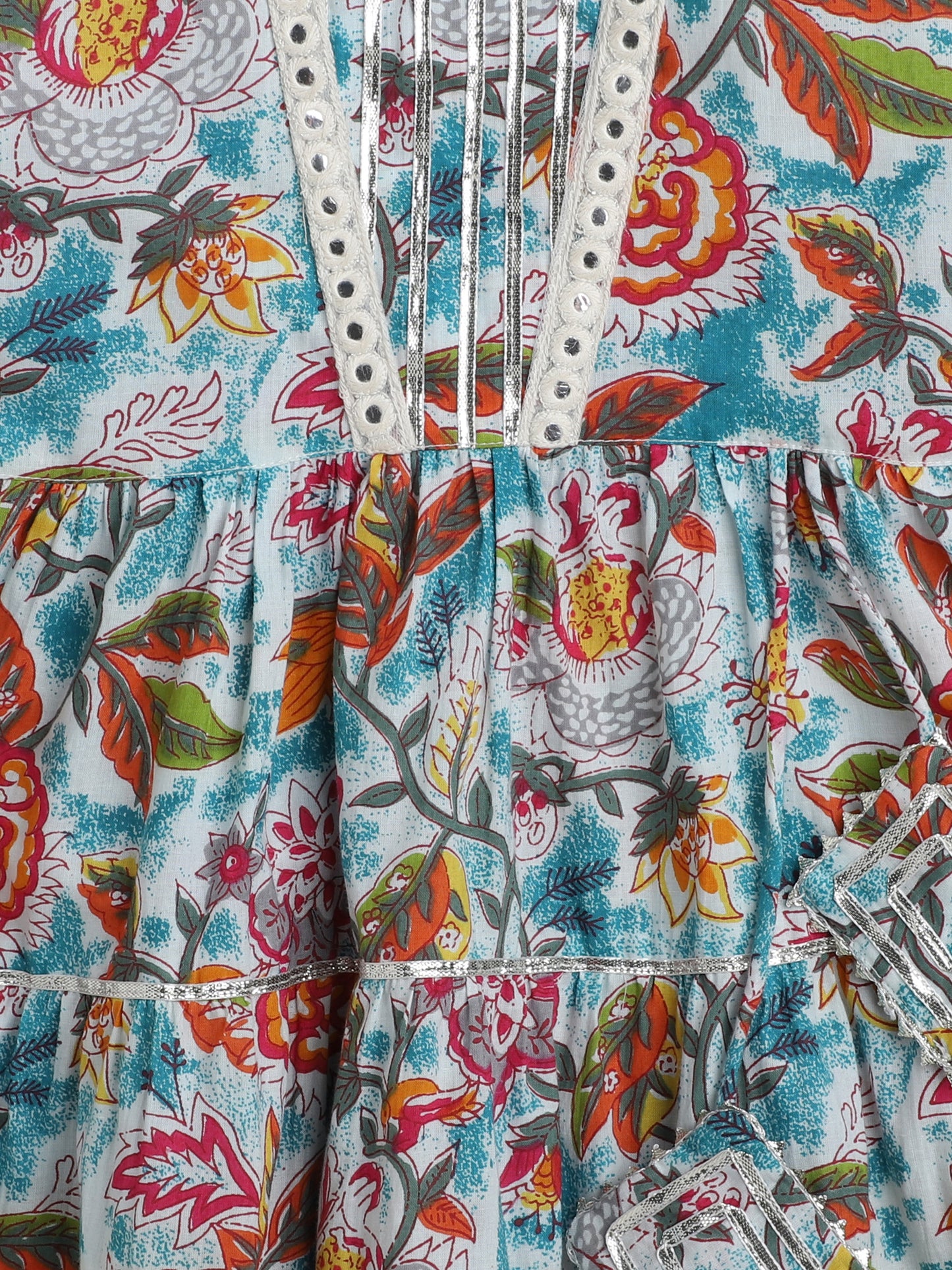 Printed Short Sleeves Aabla Lace & Tassle Detailing Tiered Gota Dress For Girls-Blue