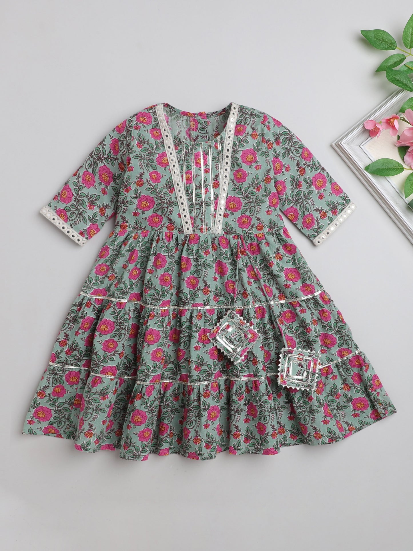 Printed Short Sleeves Aabla Lace & Tassle Detailing Tiered Gota Dress For Girls-Mint