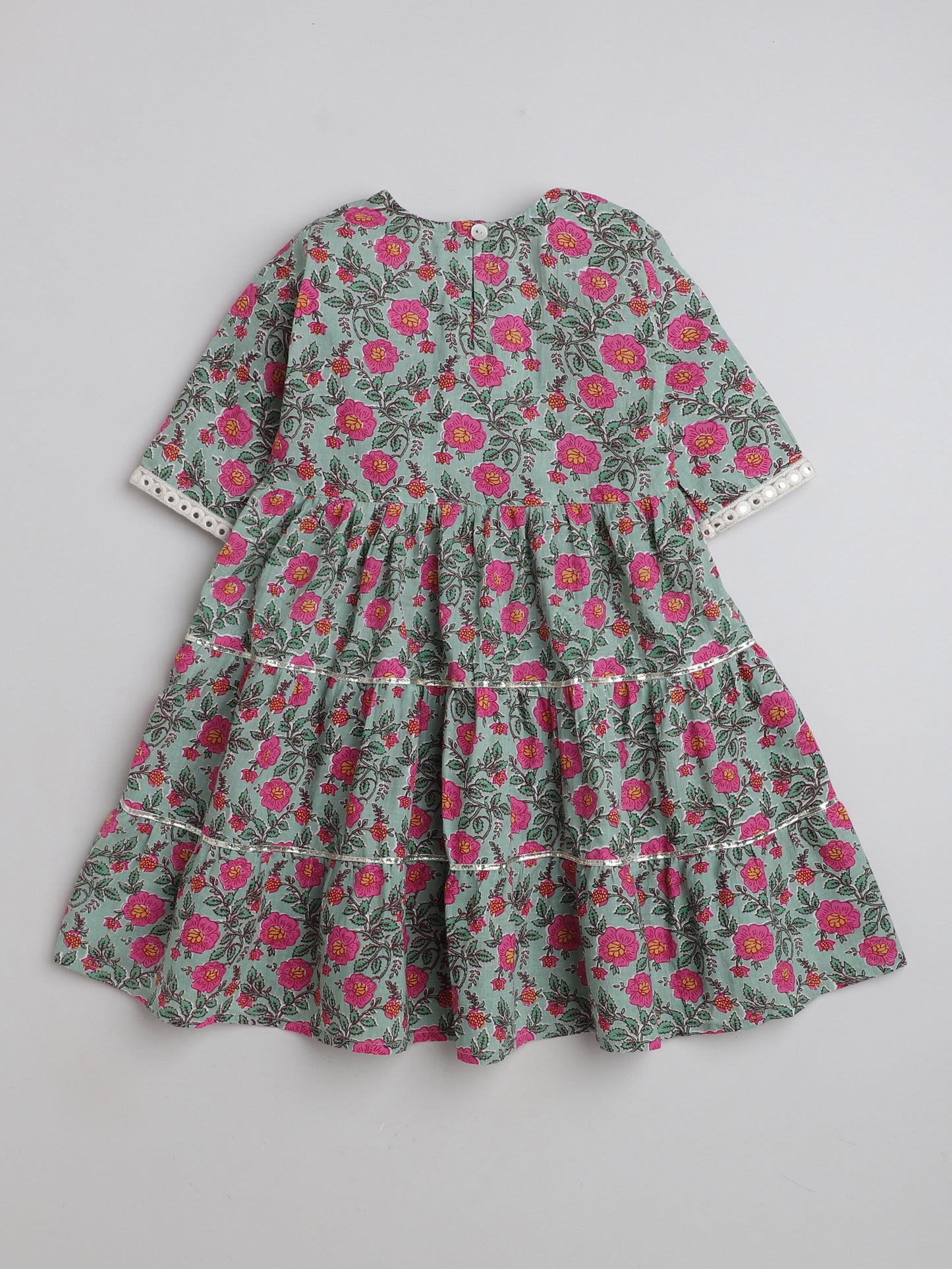 Printed Short Sleeves Aabla Lace & Tassle Detailing Tiered Gota Dress For Girls-Mint