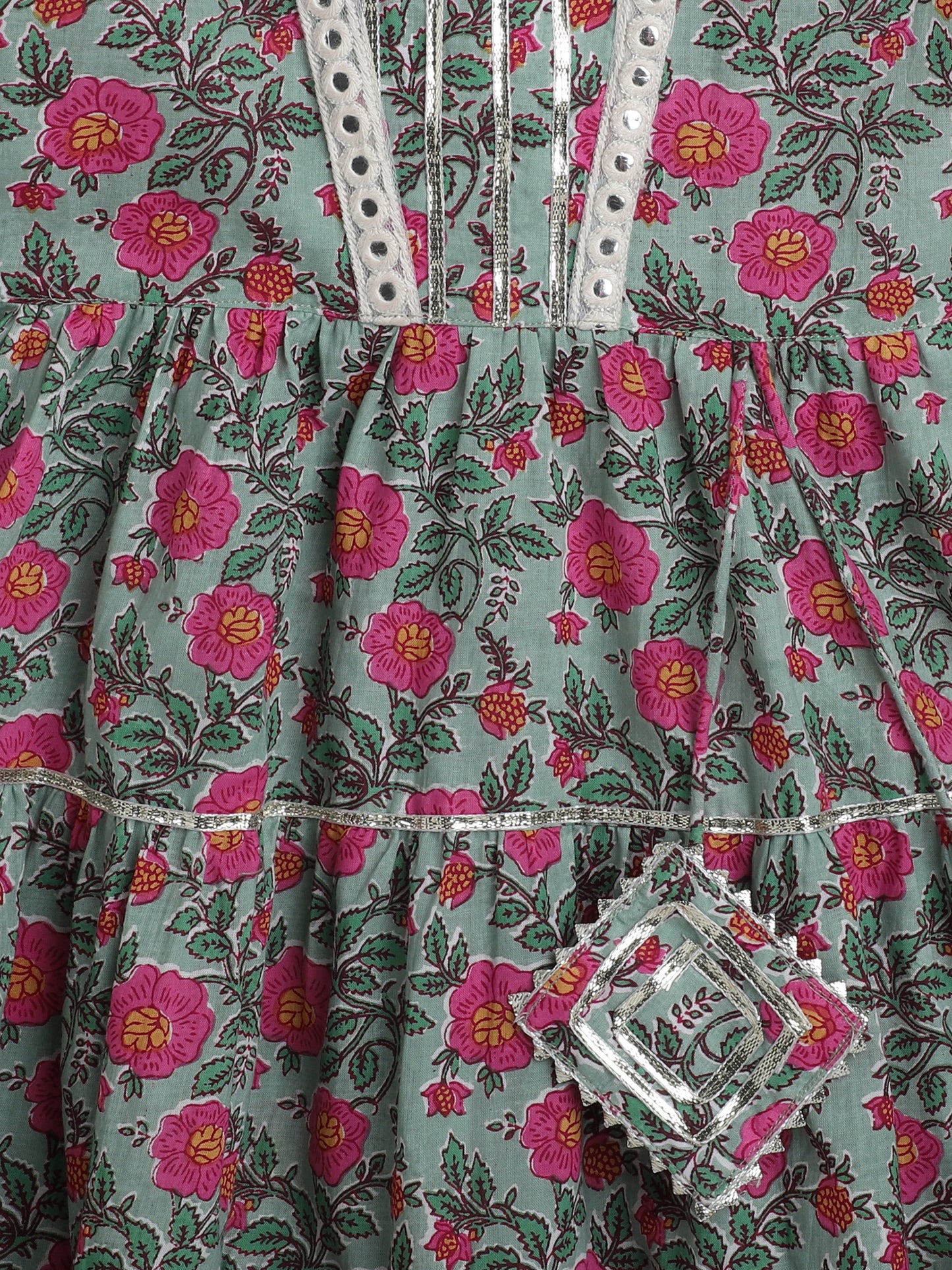 Printed Short Sleeves Aabla Lace & Tassle Detailing Tiered Gota Dress For Girls-Mint