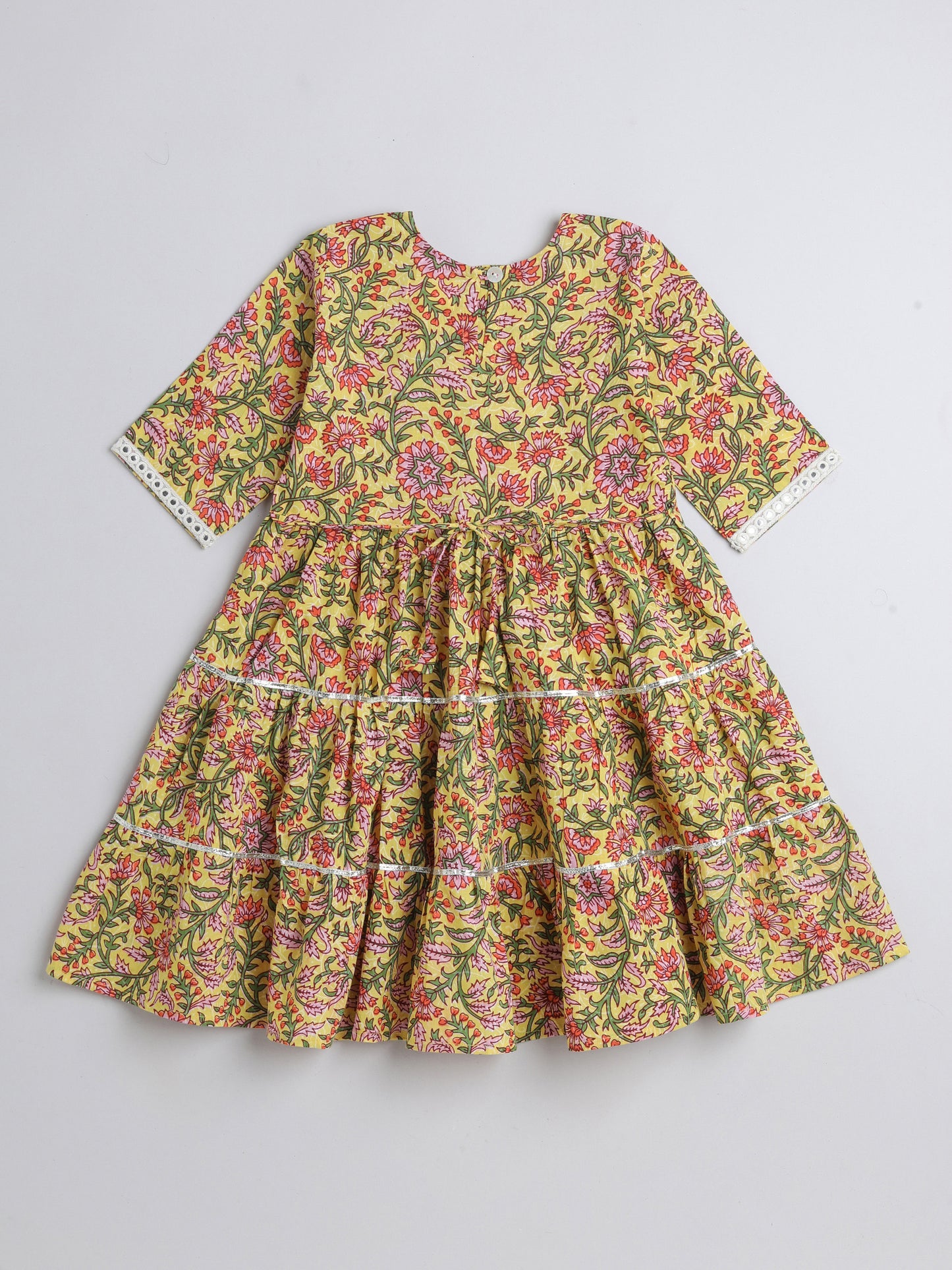 Printed Elbow Sleeves Aabla Lace & Tassle Detailing Tiered Gota Dress For Girls-Yellow