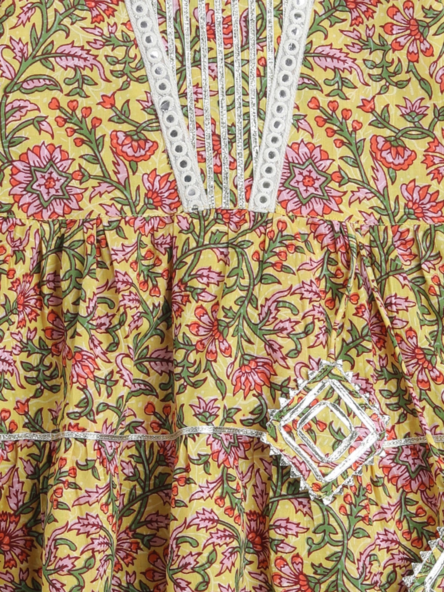 Printed Elbow Sleeves Aabla Lace & Tassle Detailing Tiered Gota Dress For Girls-Yellow
