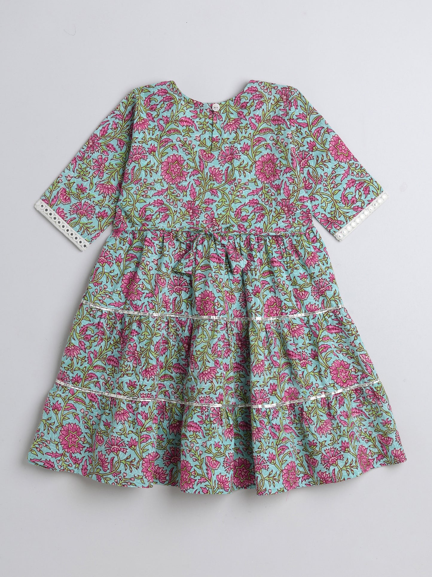 Printed Elbow Sleeves Aabla Lace & Tassle Detailing Tiered Gota Dress For Girls-Blue