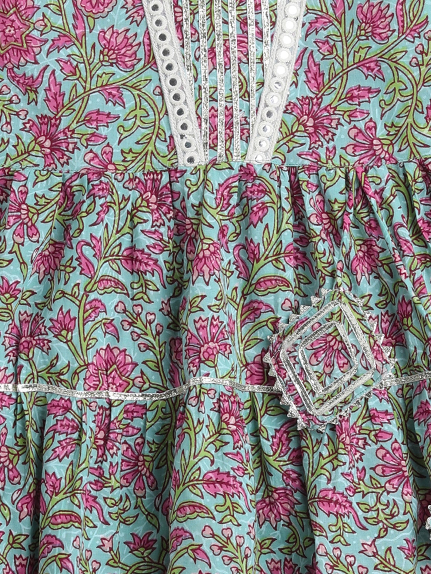 Printed Elbow Sleeves Aabla Lace & Tassle Detailing Tiered Gota Dress For Girls-Blue