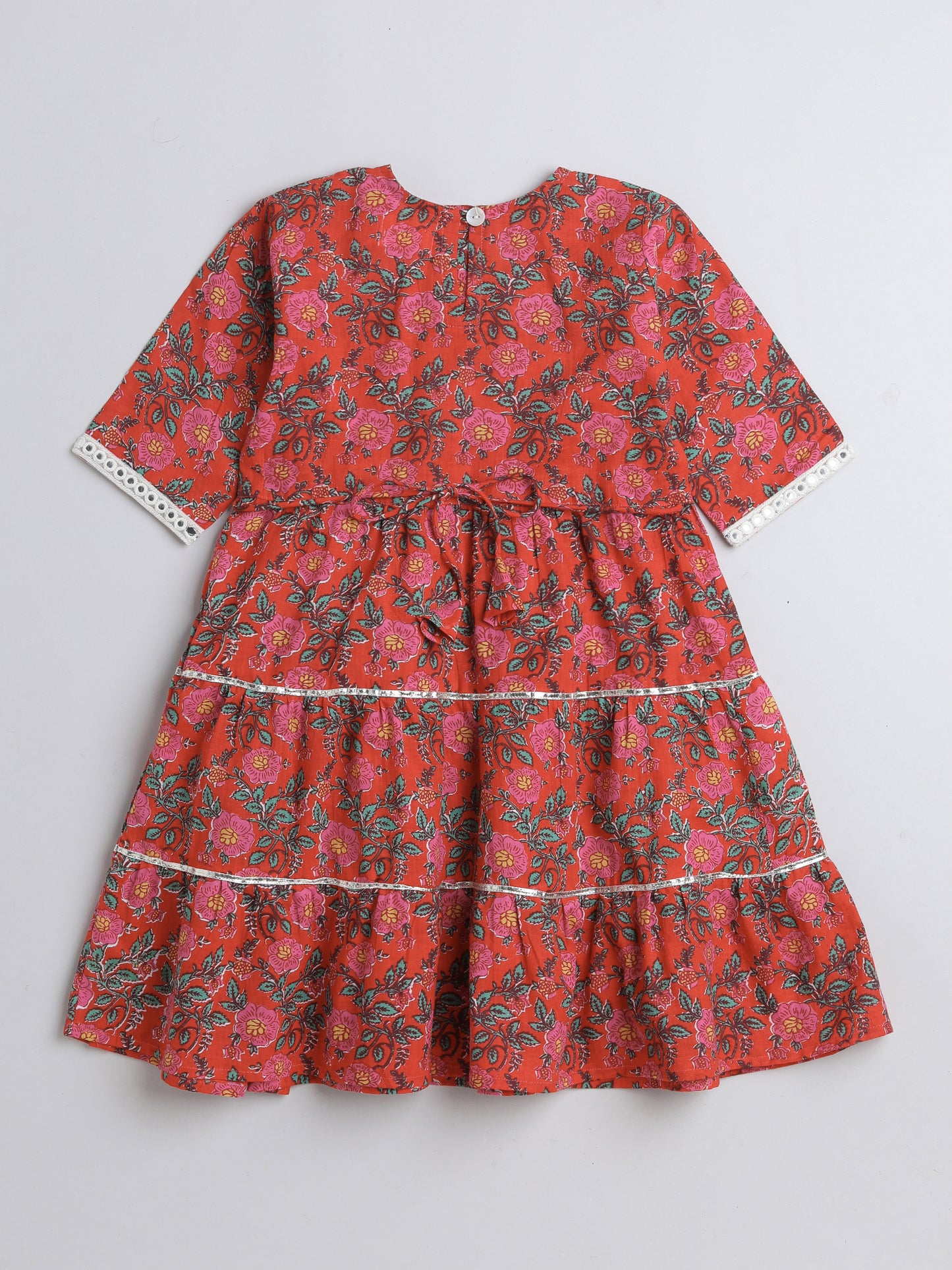 Printed Elbow Sleeves Aabla Lace & Tassle Detailing Tiered Gota Dress For Girls-Red