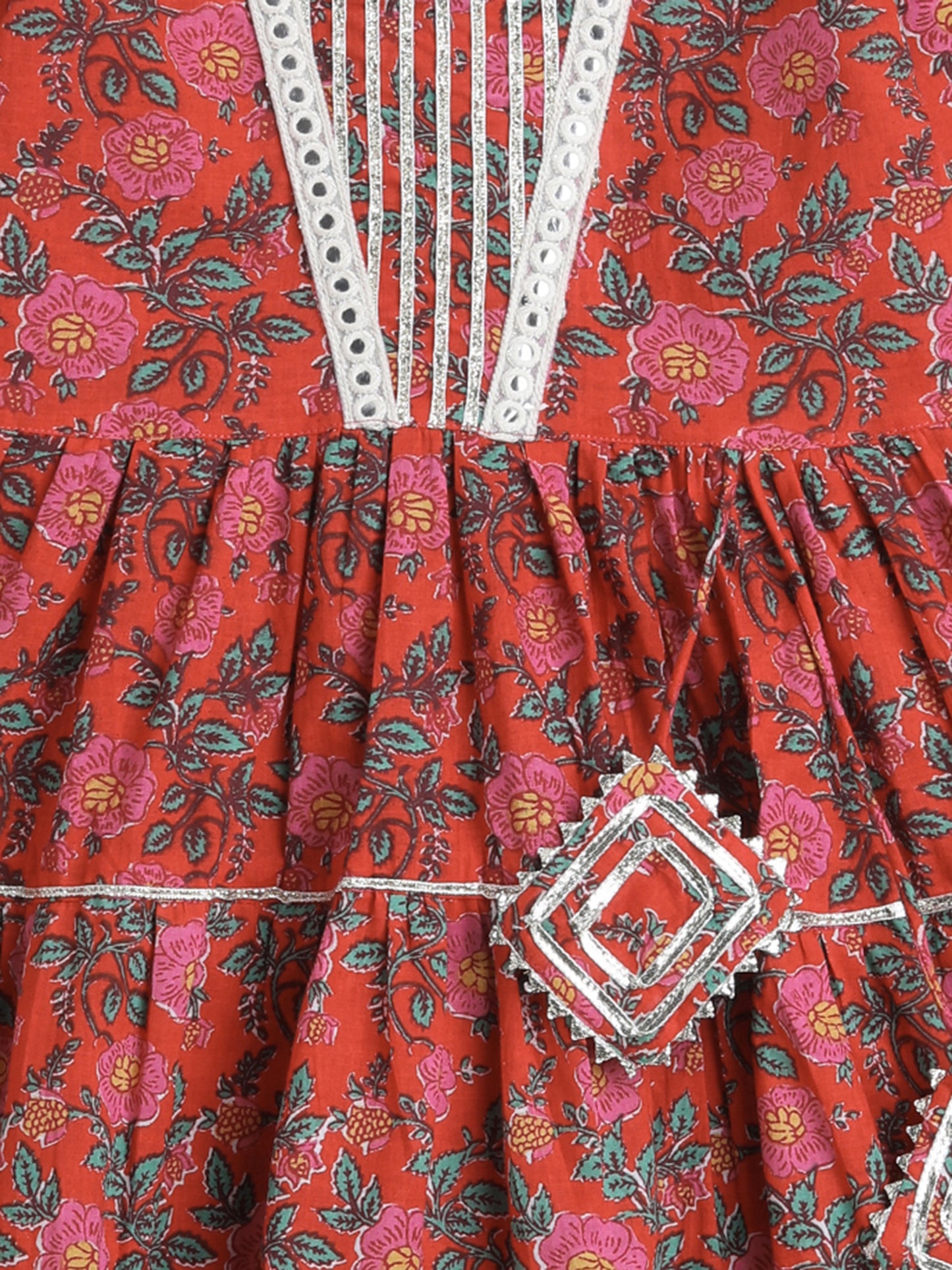 Printed Elbow Sleeves Aabla Lace & Tassle Detailing Tiered Gota Dress For Girls-Red