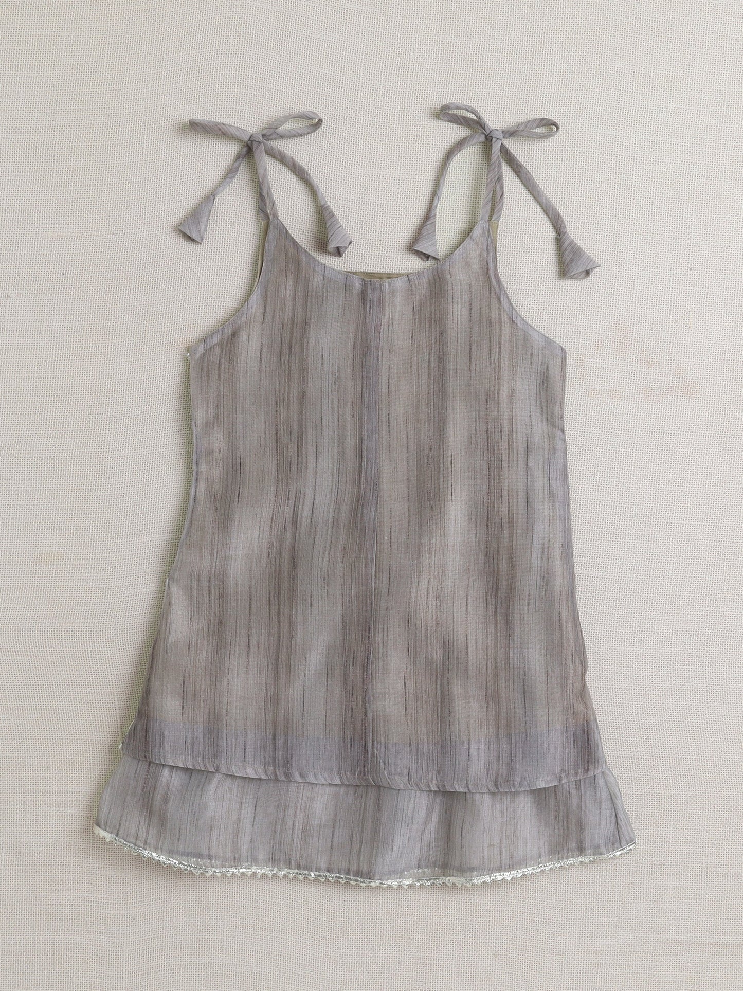 Chanderi Sleeveless Striped Lace Embellished Kurta & Salwar Set - Grey